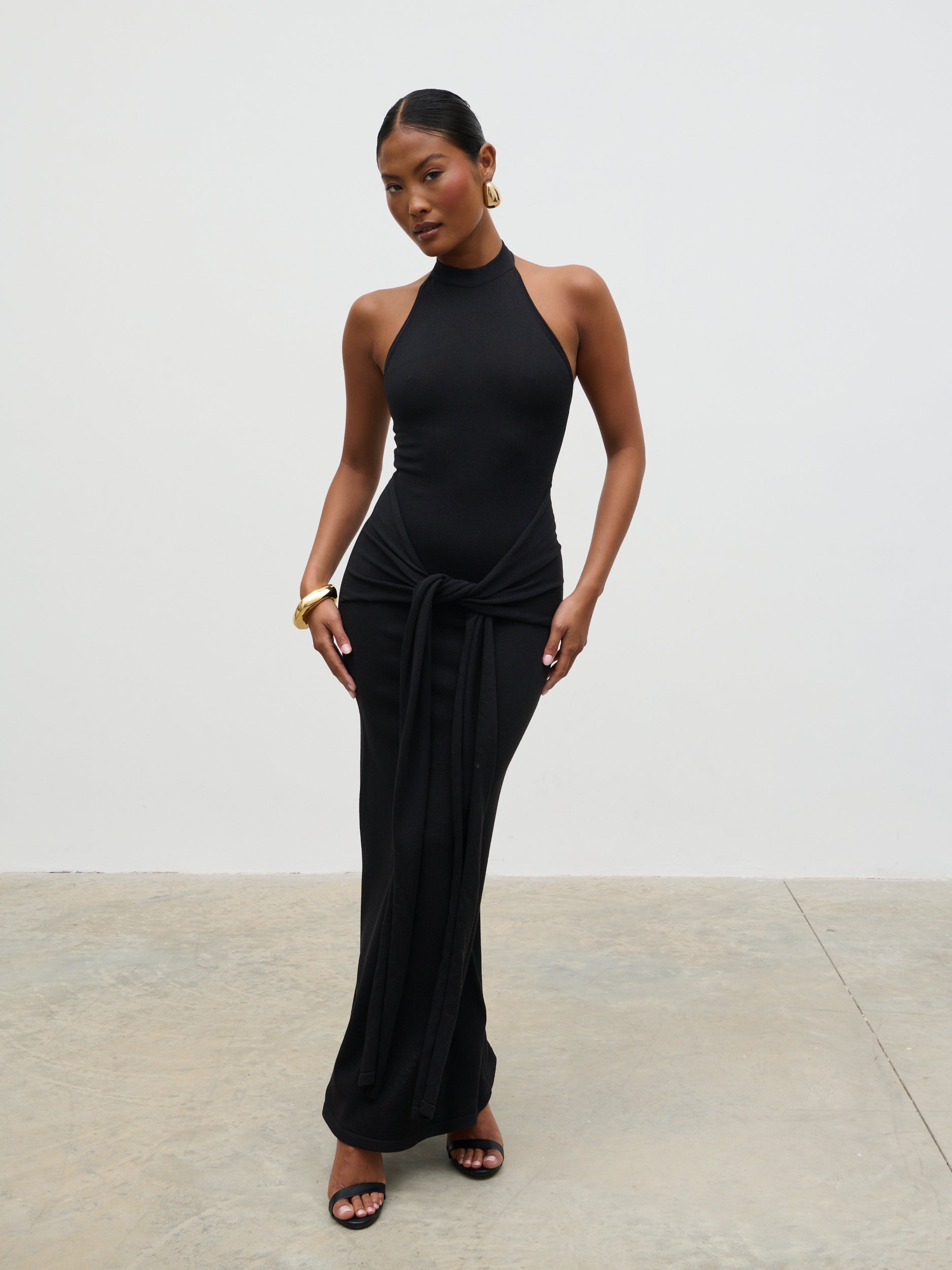 Bernelle Halterneck Tie Waist Knit Midaxi Dress - Black