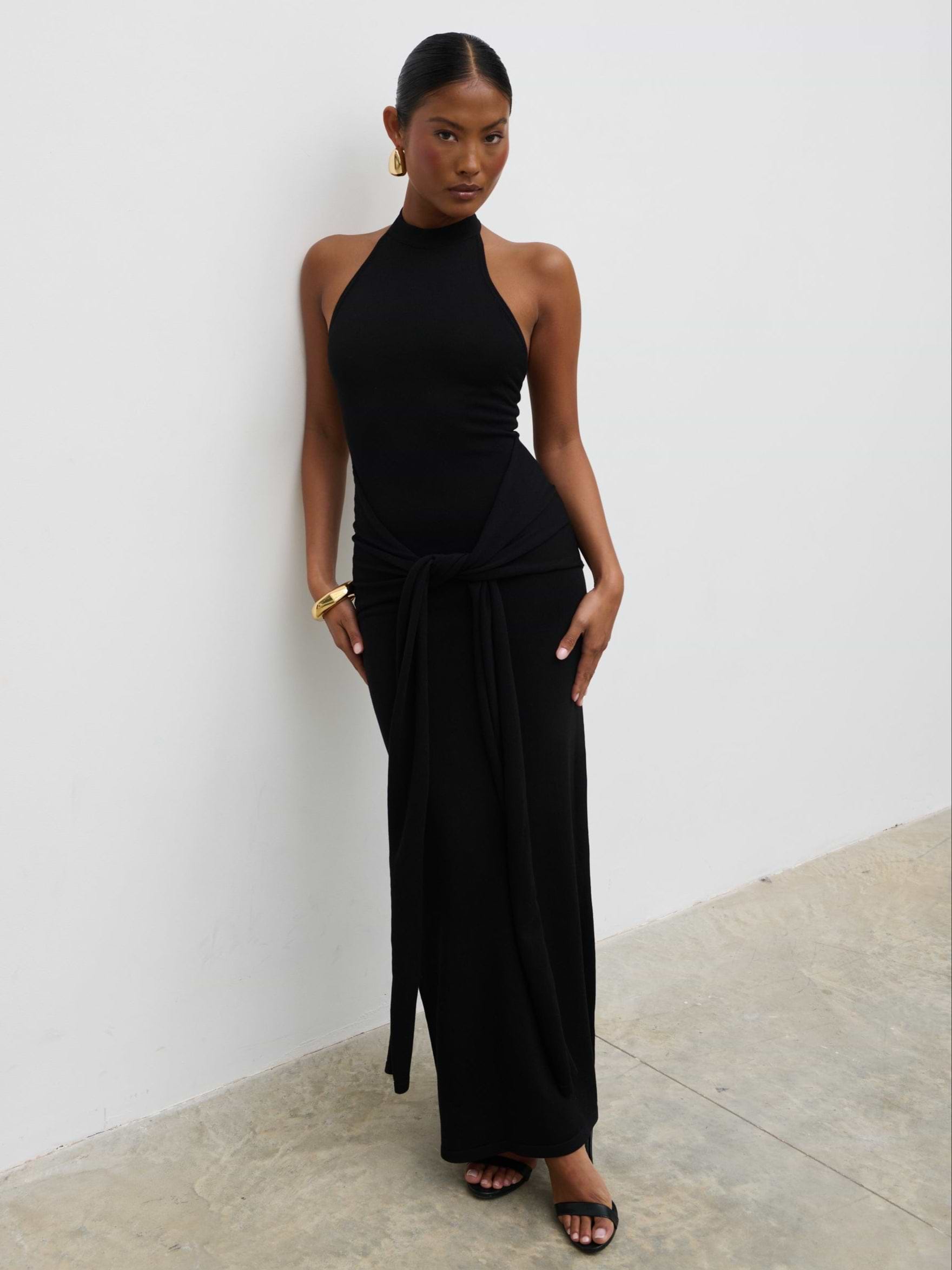 Bernelle Halterneck Tie Waist Knit Midaxi Dress - Black