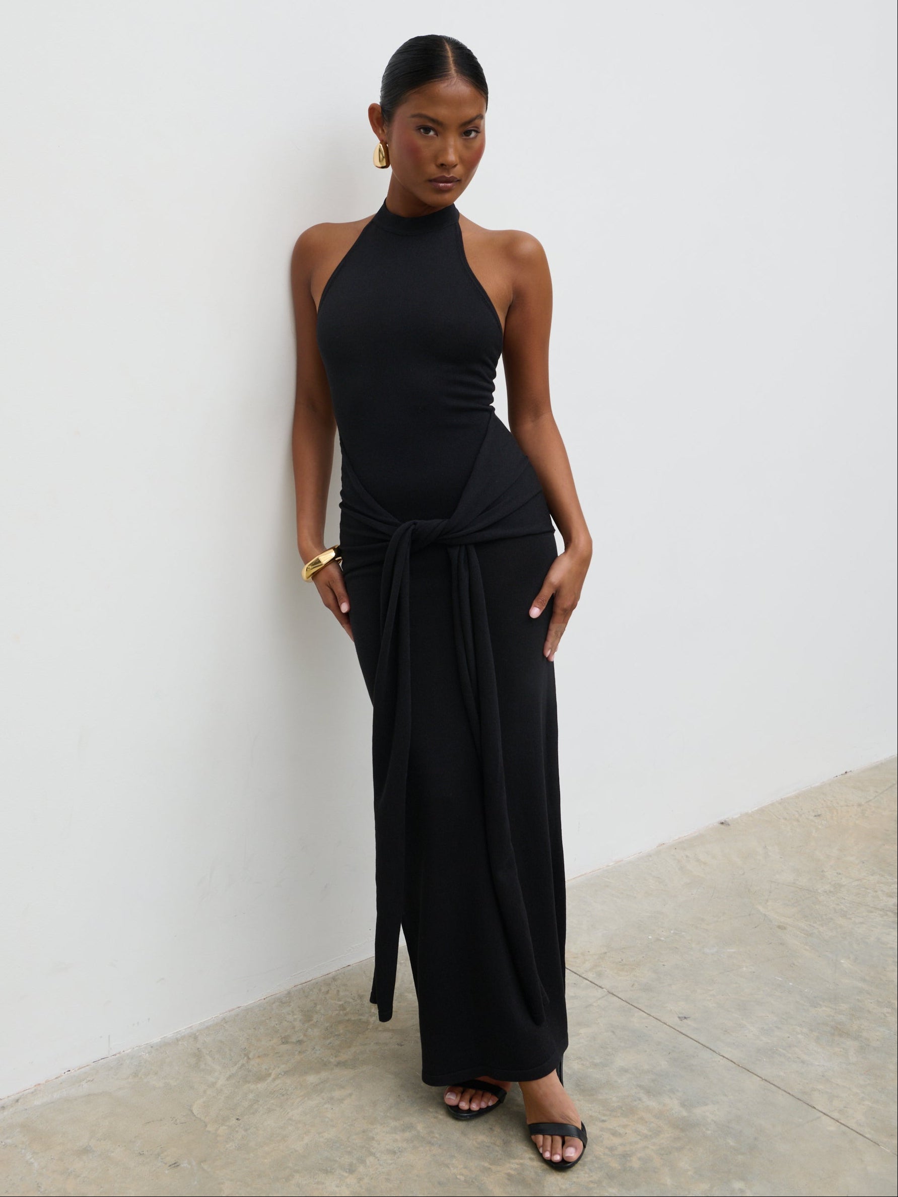 Bernelle Halterneck Tie Waist Knit Midaxi Dress - Black