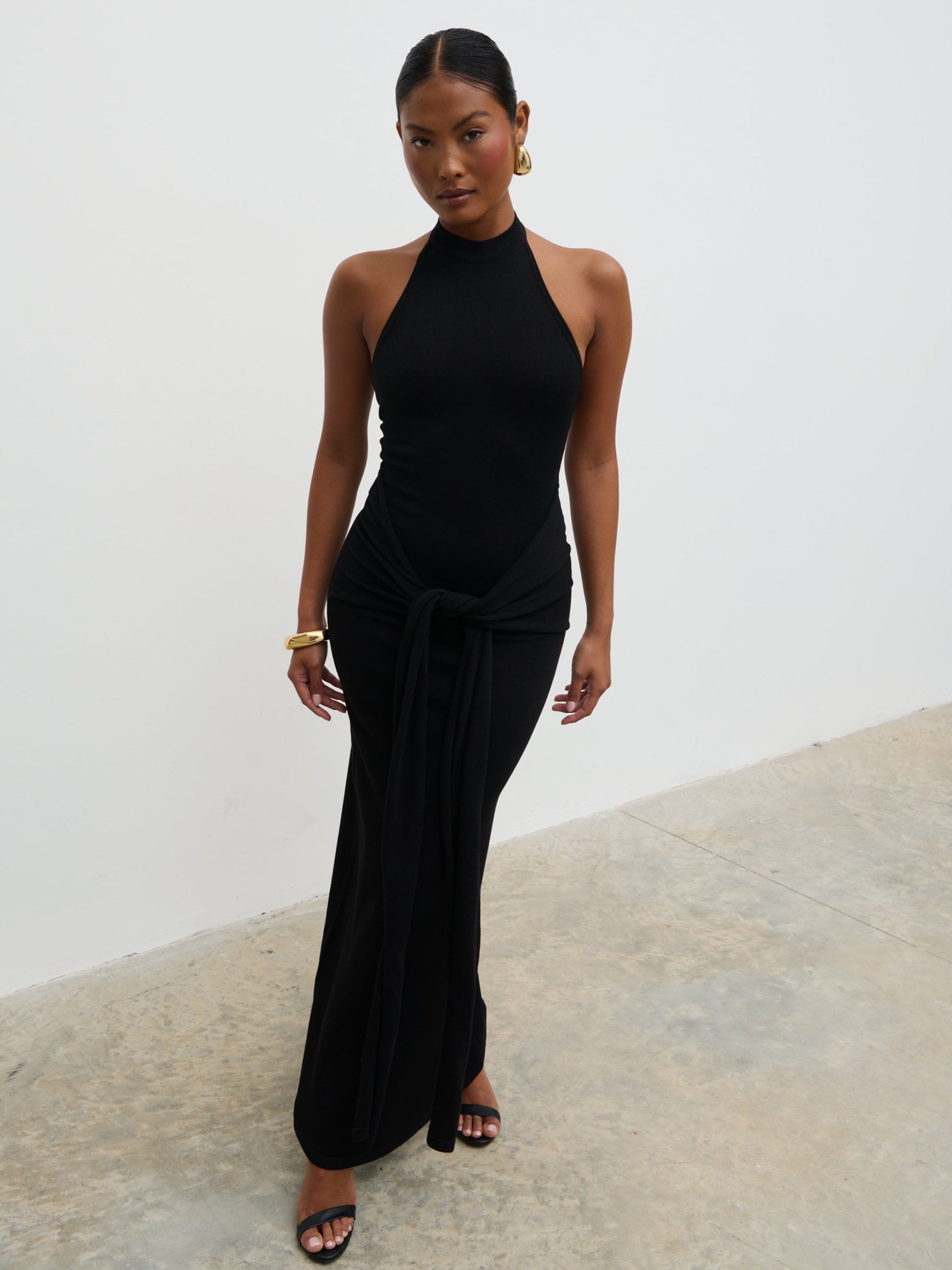 Bernelle Halterneck Tie Waist Knit Midaxi Dress - Black