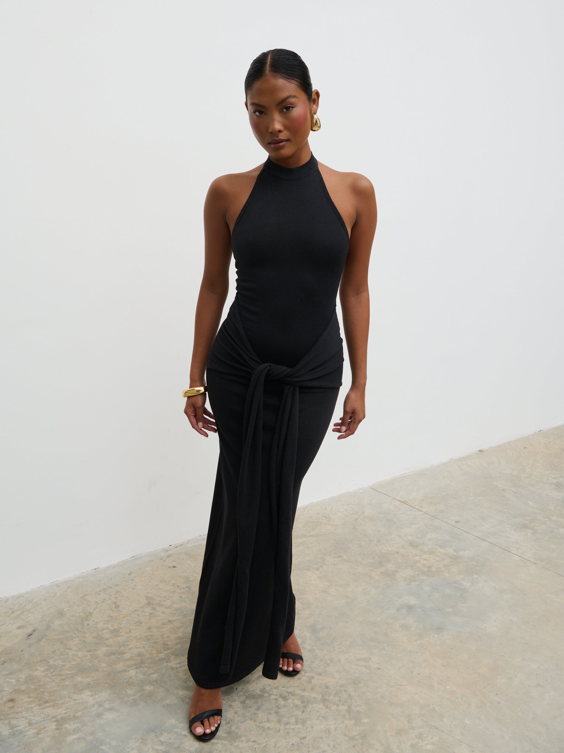 Bernelle Halterneck Tie Waist Knit Midaxi Dress - Black