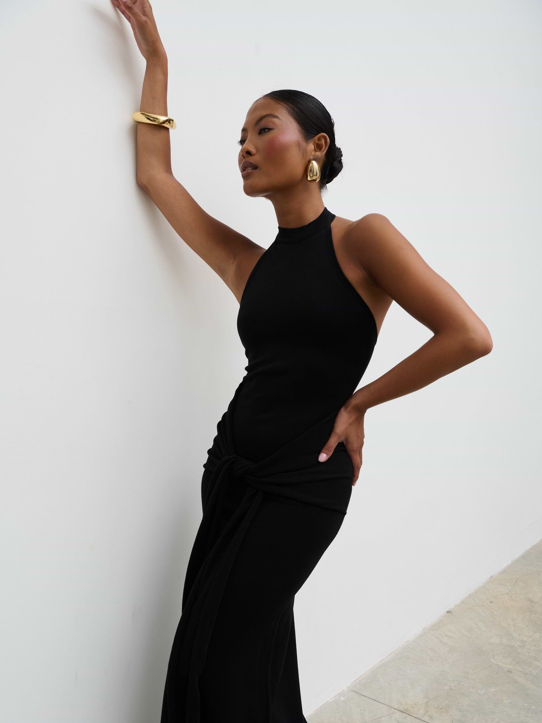 Bernelle Halterneck Tie Waist Knit Midaxi Dress - Black