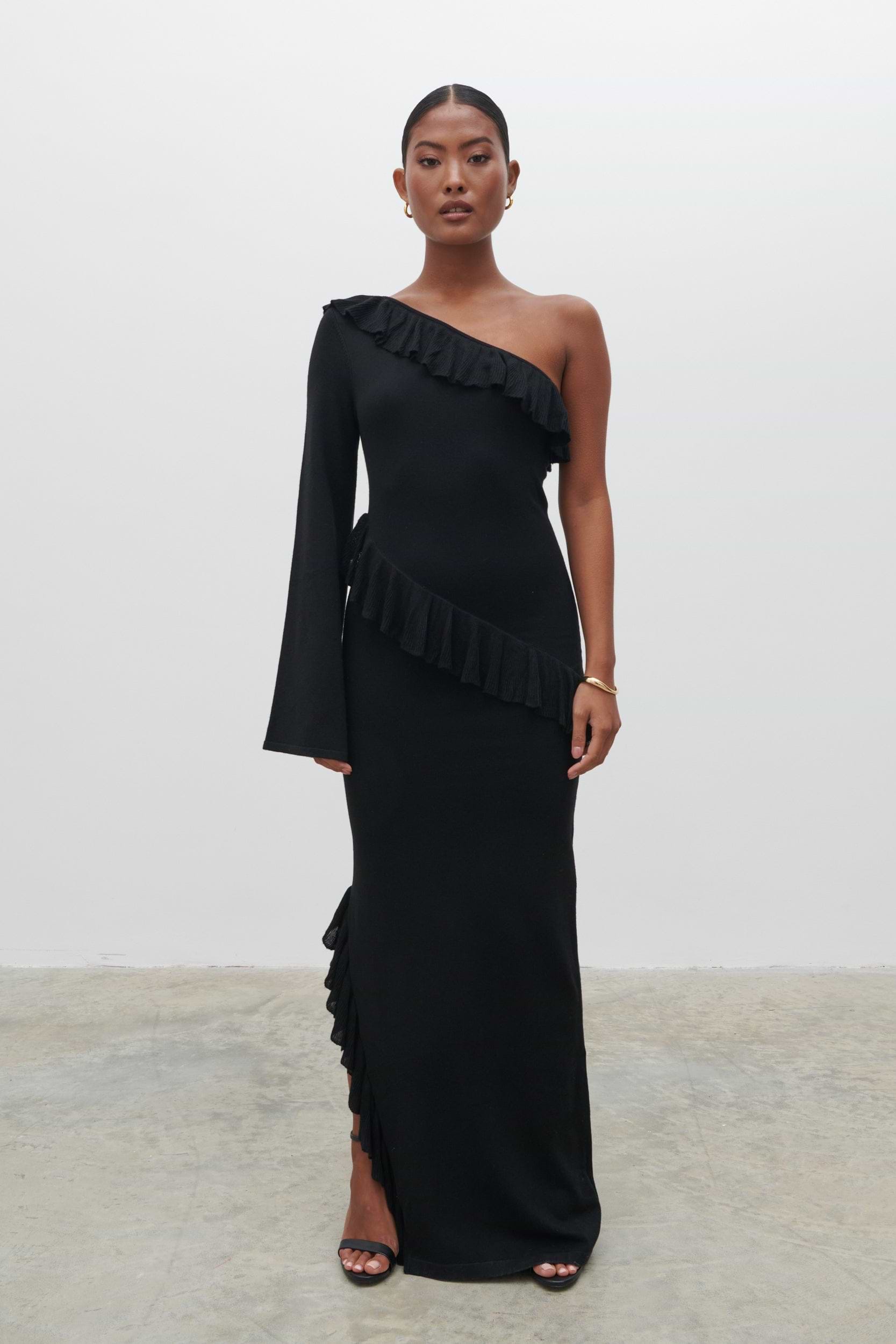 Bethanie Ruffle Maxi Knit Dress - Black