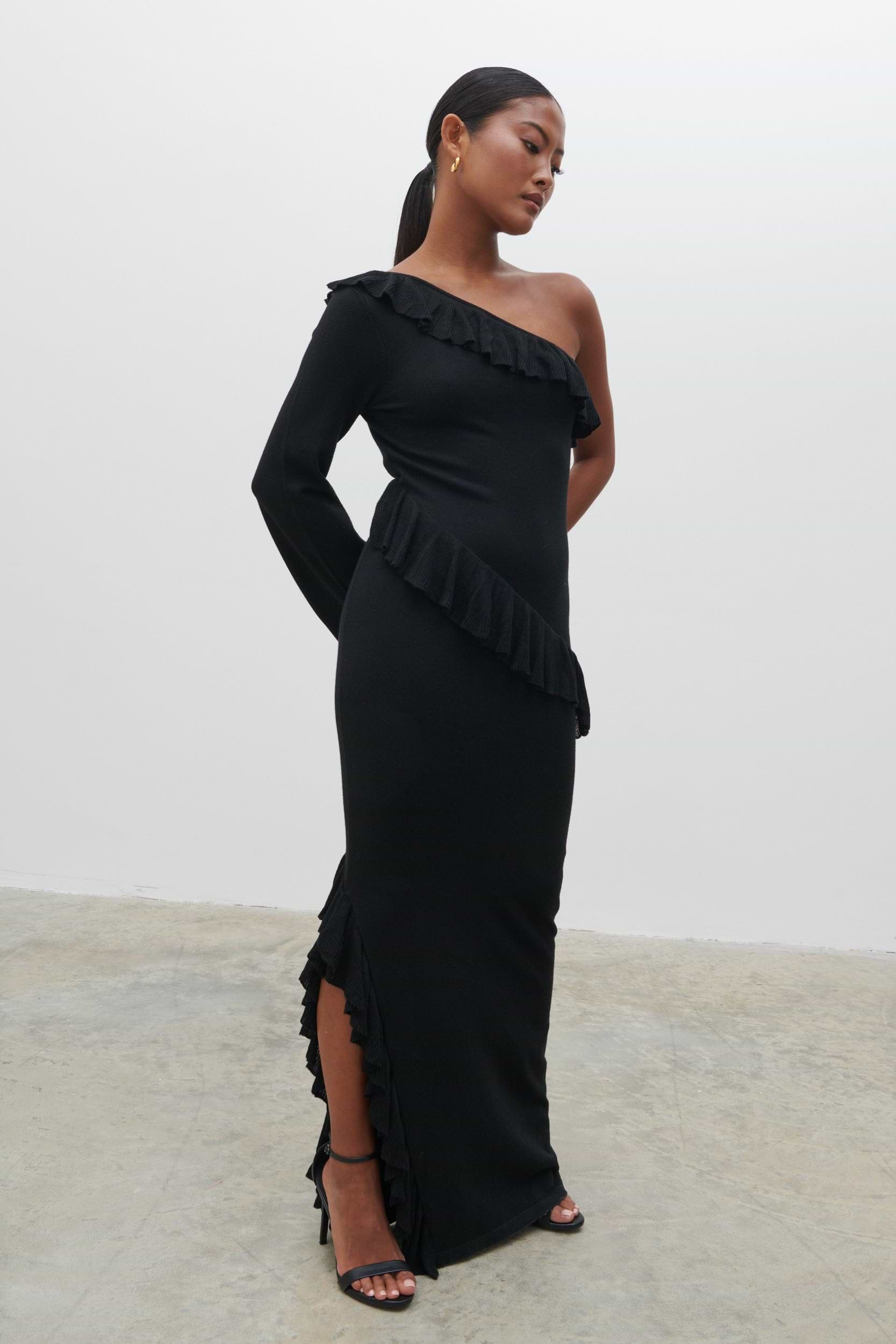 Bethanie Ruffle Maxi Knit Dress - Black