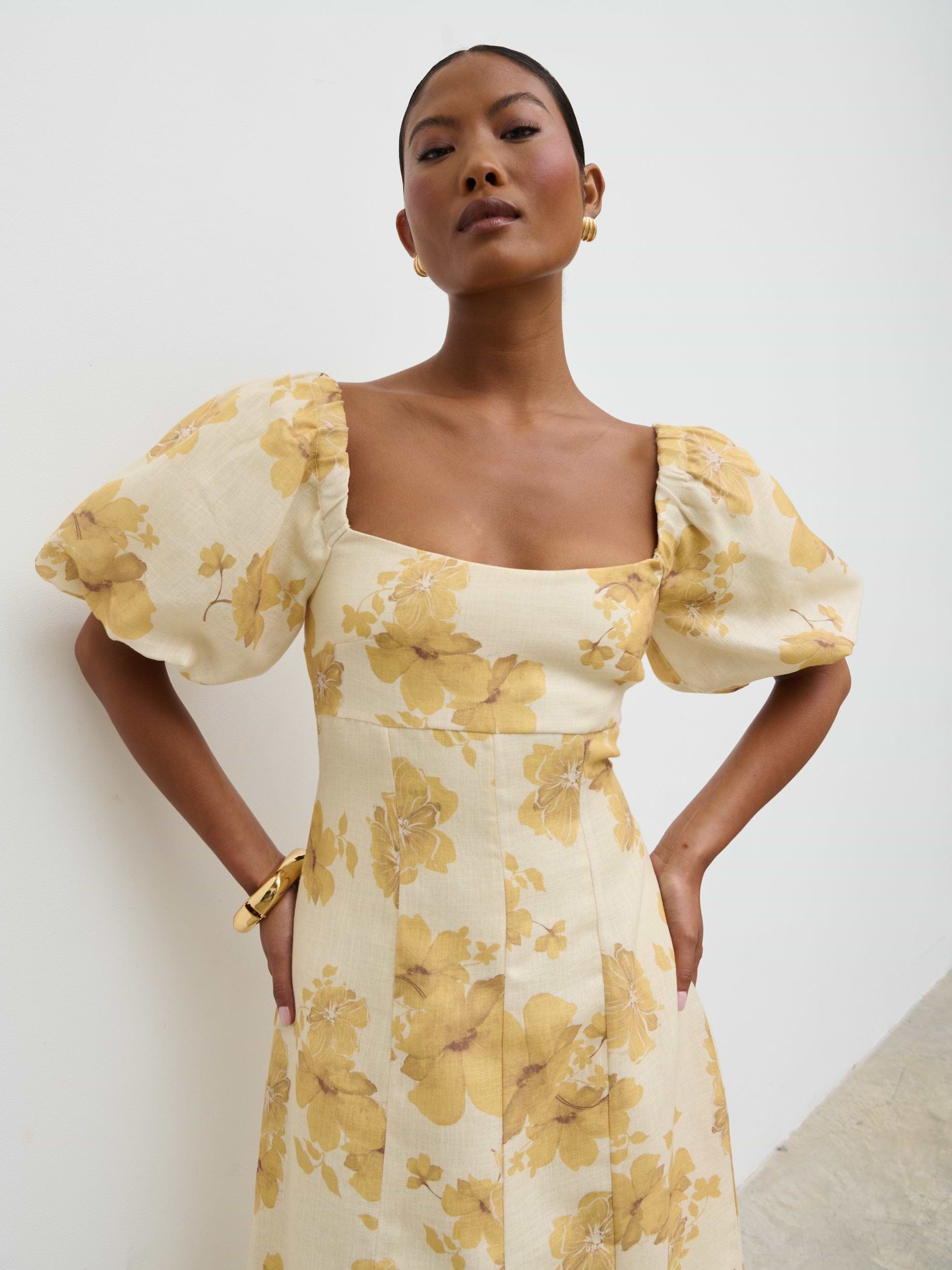 Bette Printed Puff Sleeve Midaxi Dress - Yellow Ochre Floral