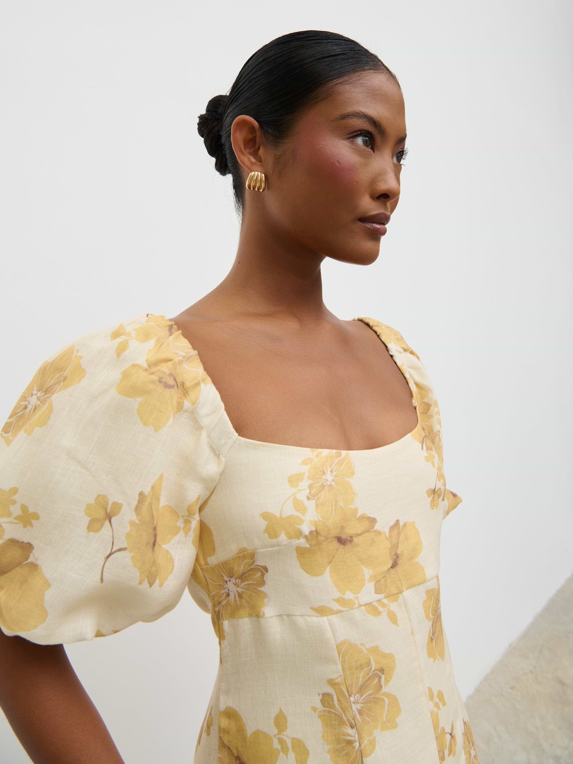 Bette Printed Puff Sleeve Midaxi Dress - Yellow Ochre Floral