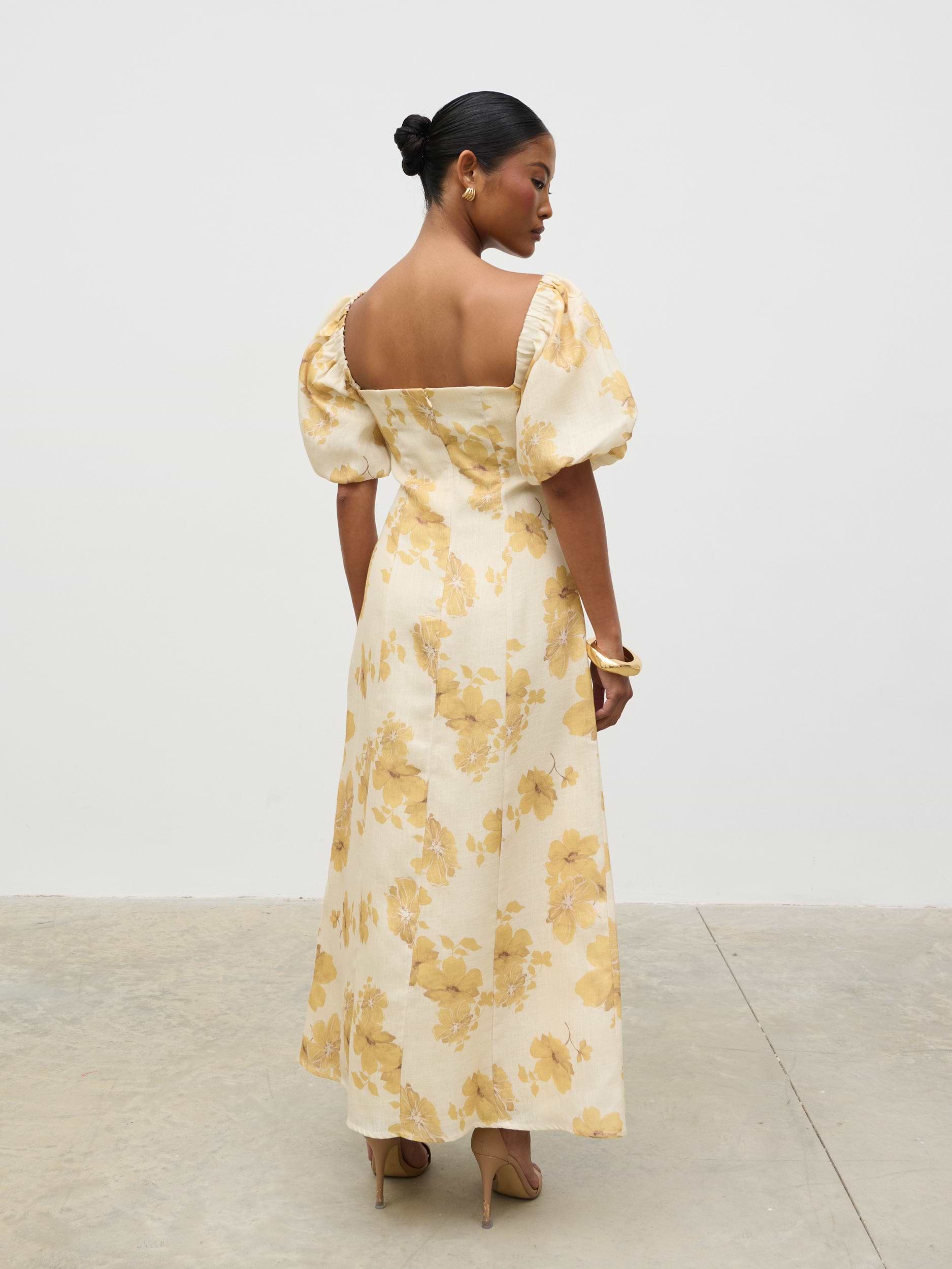 Bette Printed Puff Sleeve Midaxi Dress - Yellow Ochre Floral