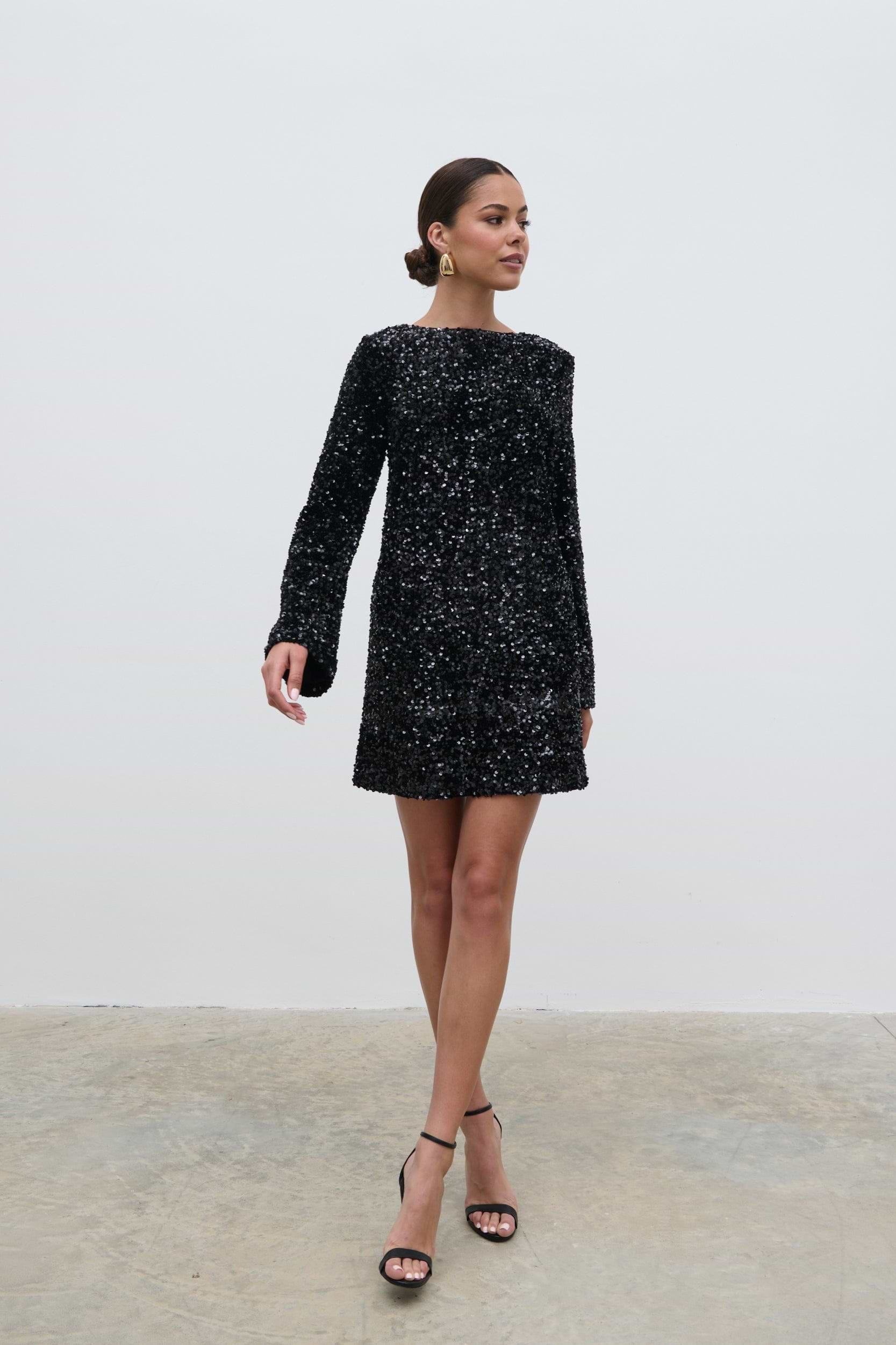Bow Sequin Shift Dress - Black