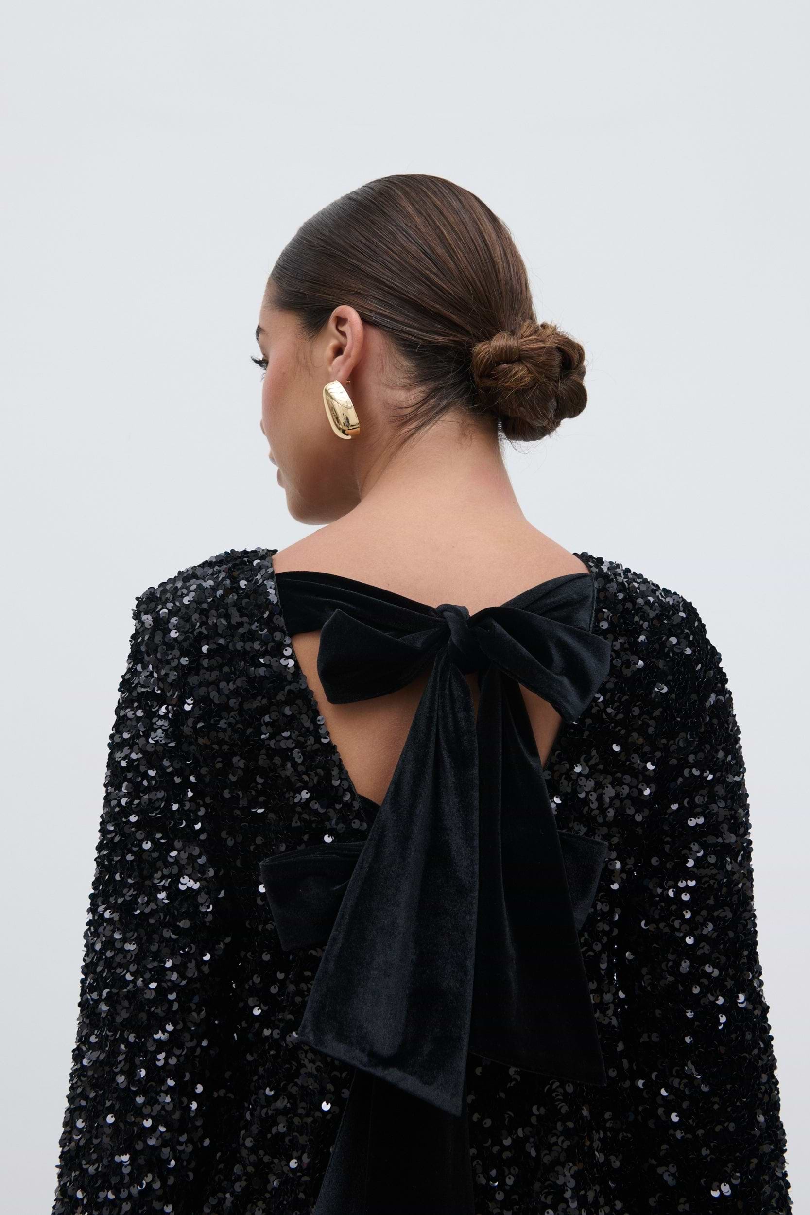 Bow Sequin Shift Dress - Black
