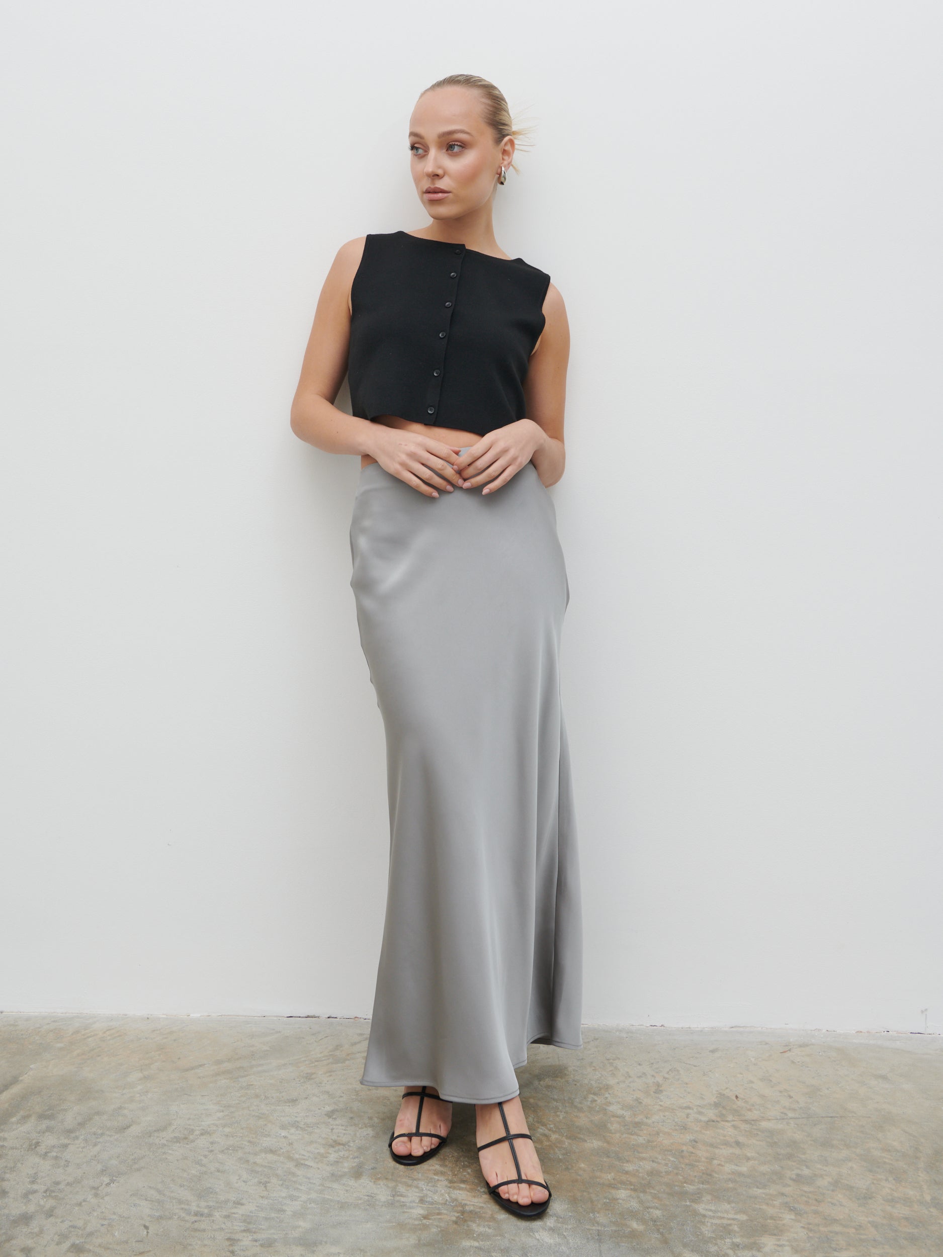 Breya Satin Maxi Skirt - Slate Grey