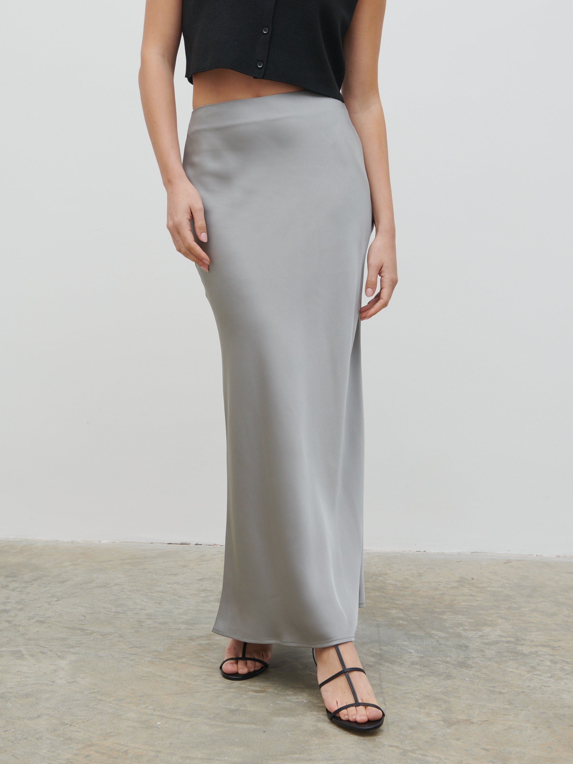 Breya Satin Maxi Skirt - Slate Grey