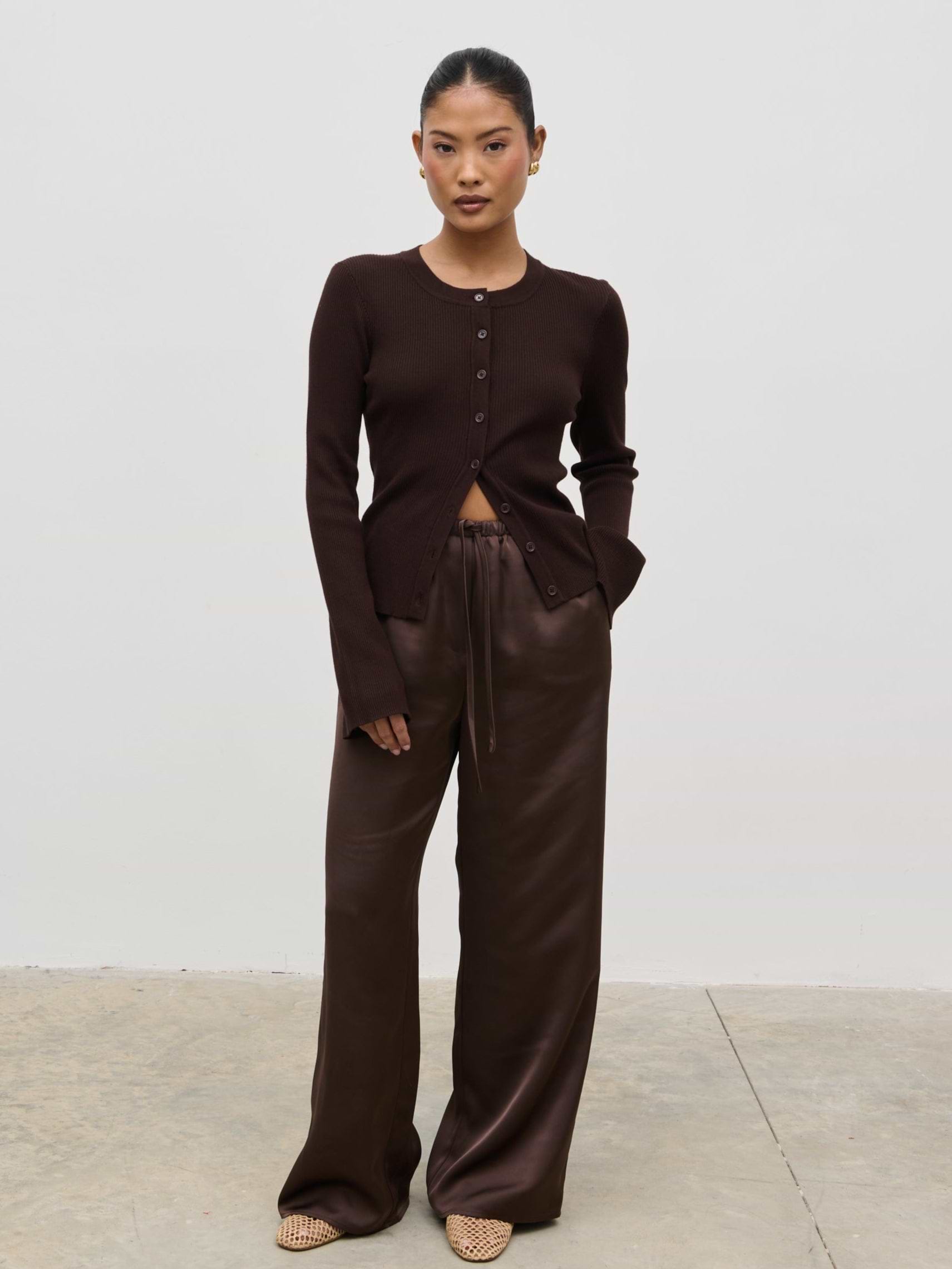 Breya Satin Drawstring Trousers - Chocolate Brown