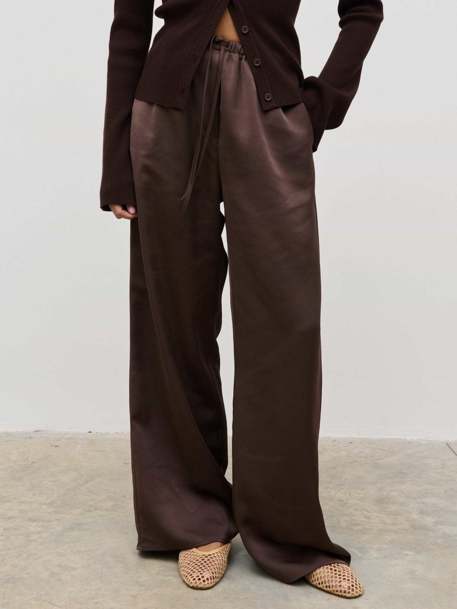 Breya Satin Drawstring Trousers - Chocolate Brown