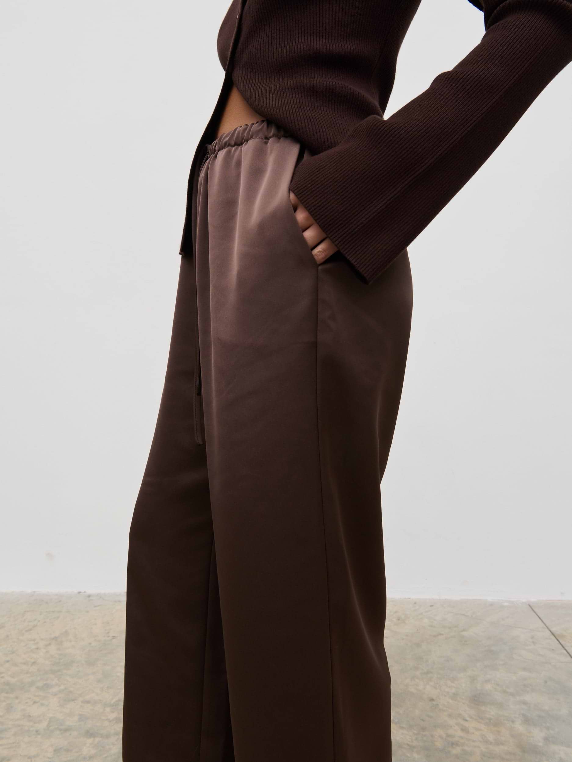 Breya Satin Drawstring Trousers - Chocolate Brown