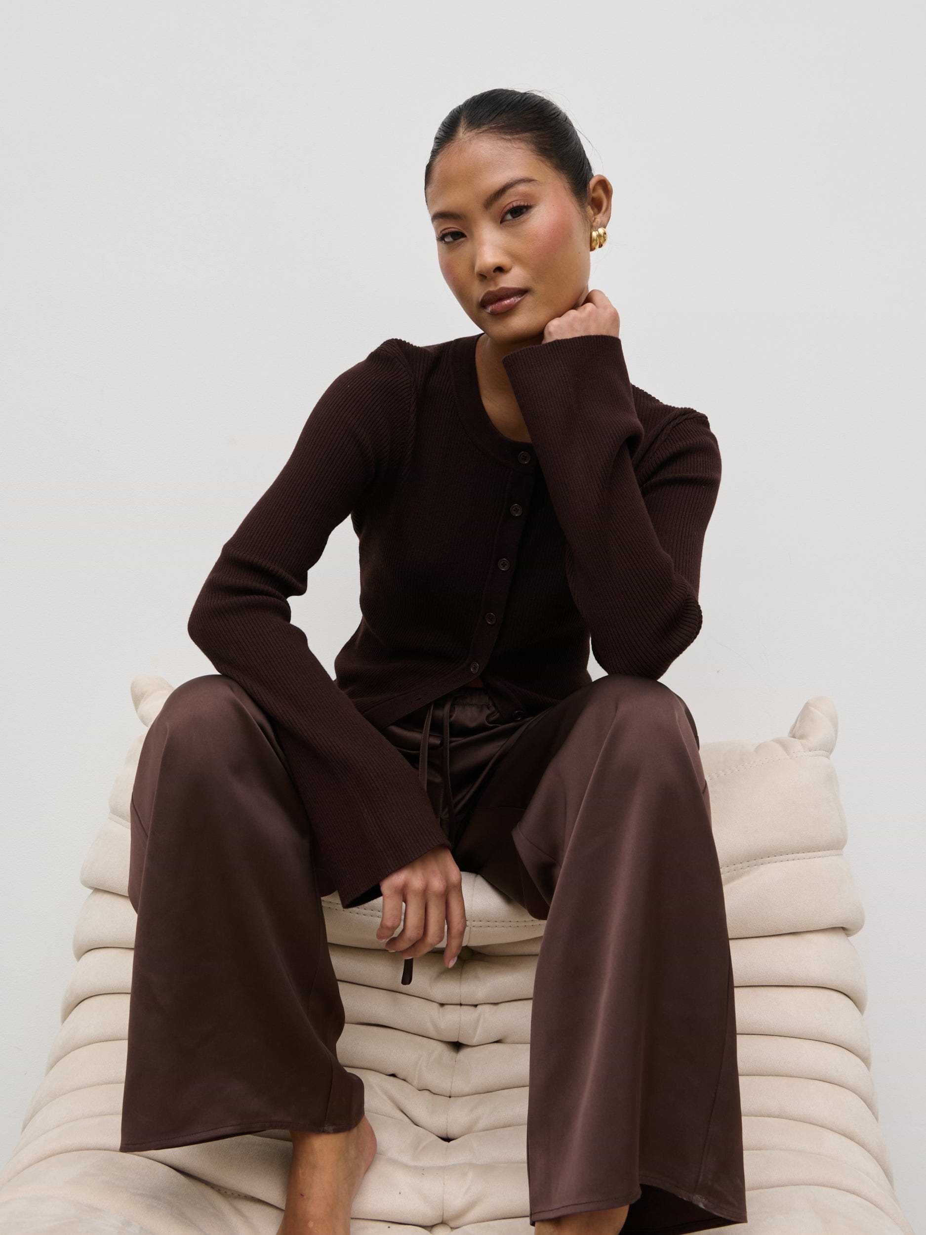 Breya Satin Drawstring Trousers - Chocolate Brown