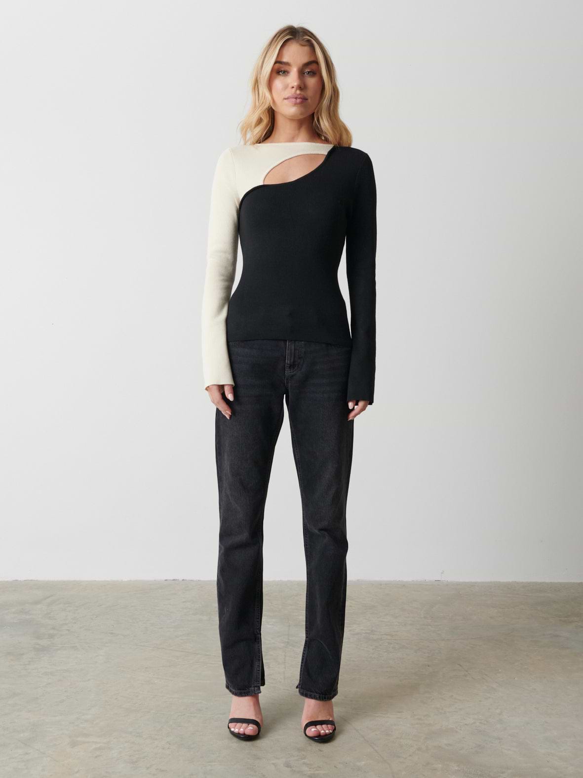 Brogan Contrast Knit Top - Black and Cream