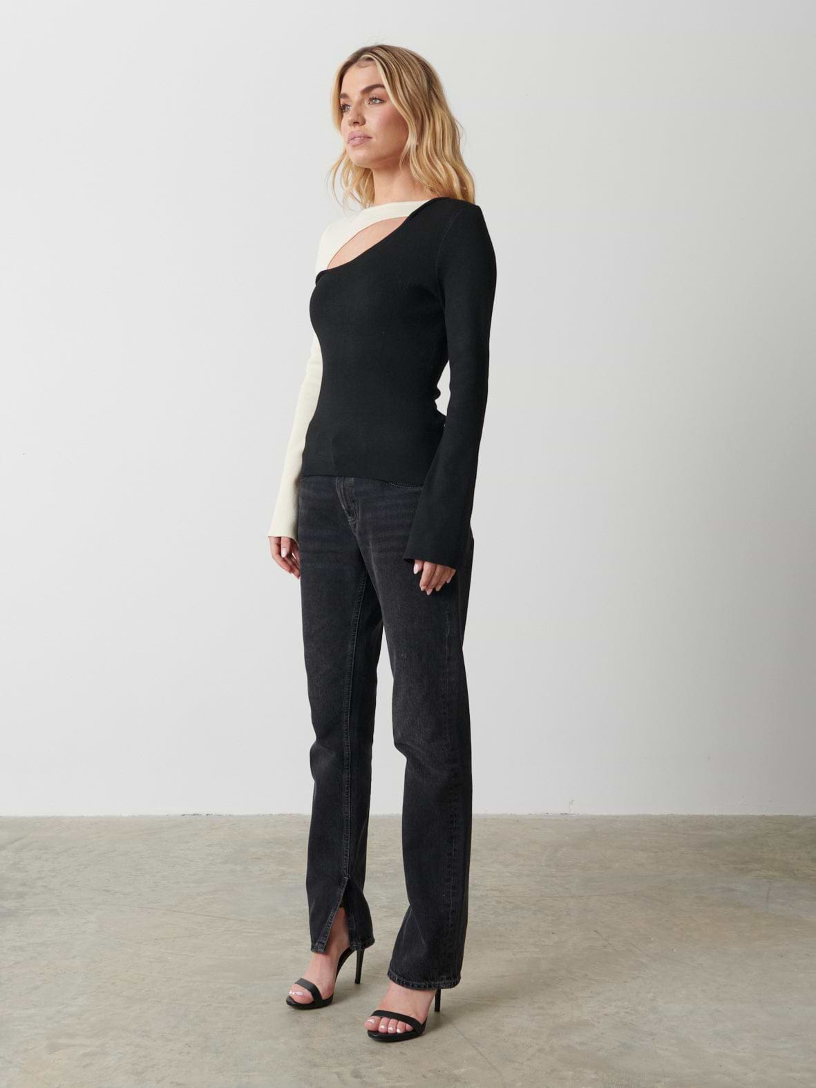 Brogan Contrast Knit Top - Black and Cream