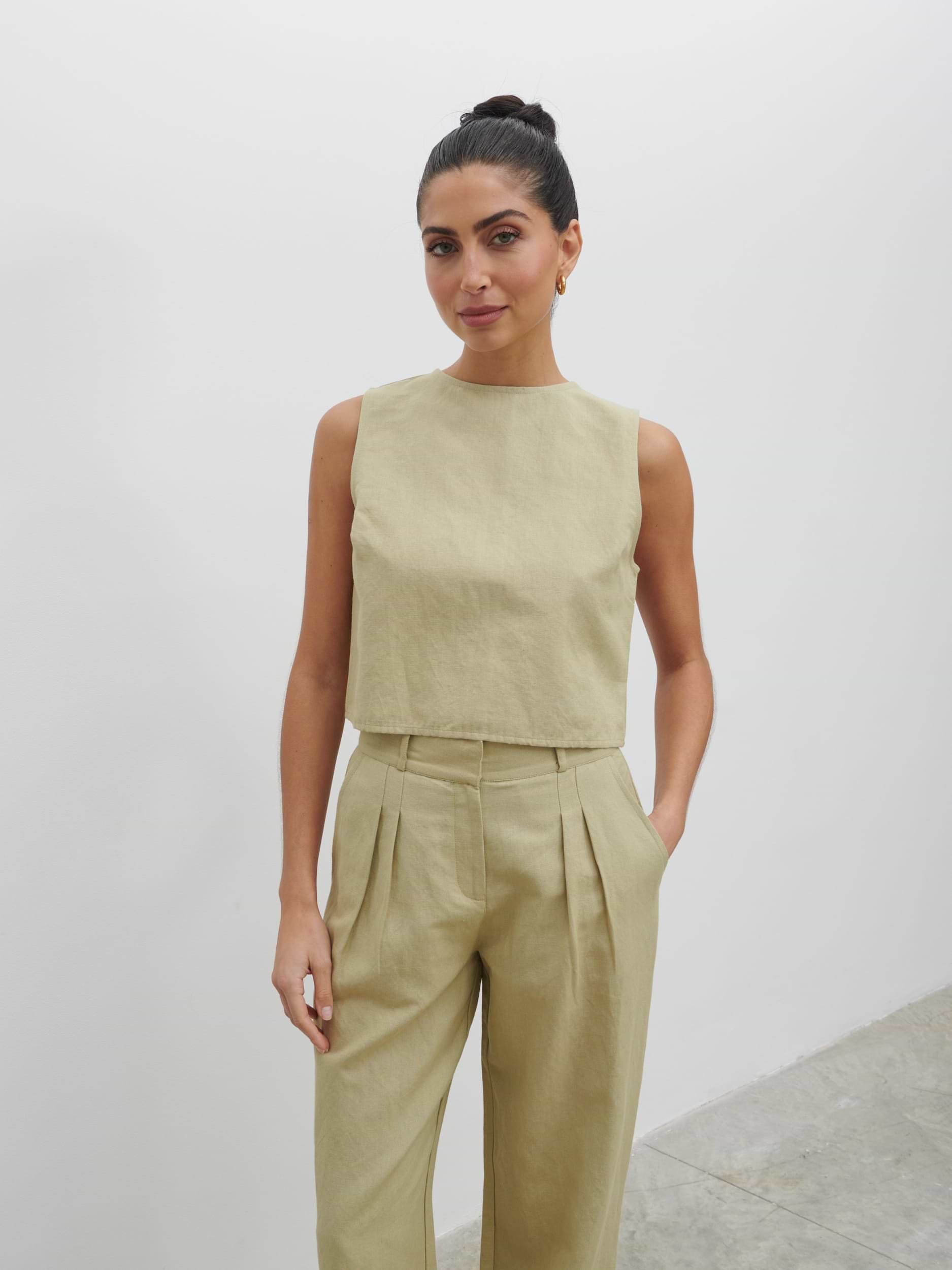 Bryony Boxy Linen Top - Olive