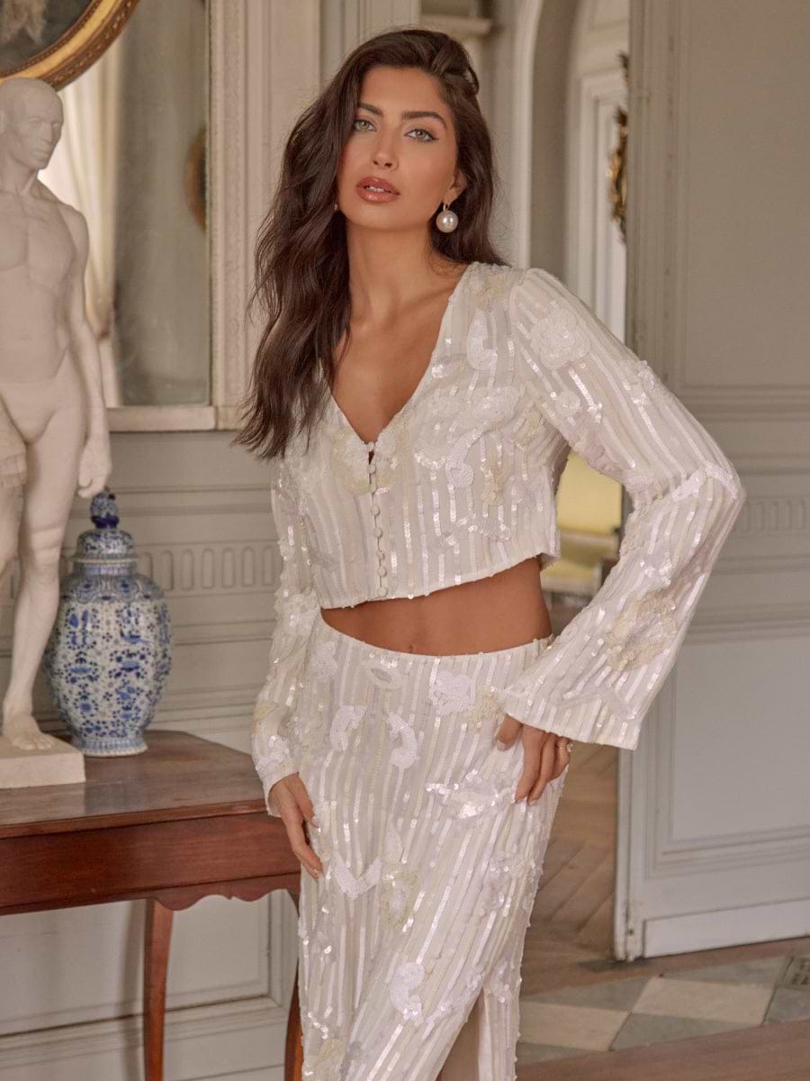 Cannes Sequin Cropped Blouse - Ivory