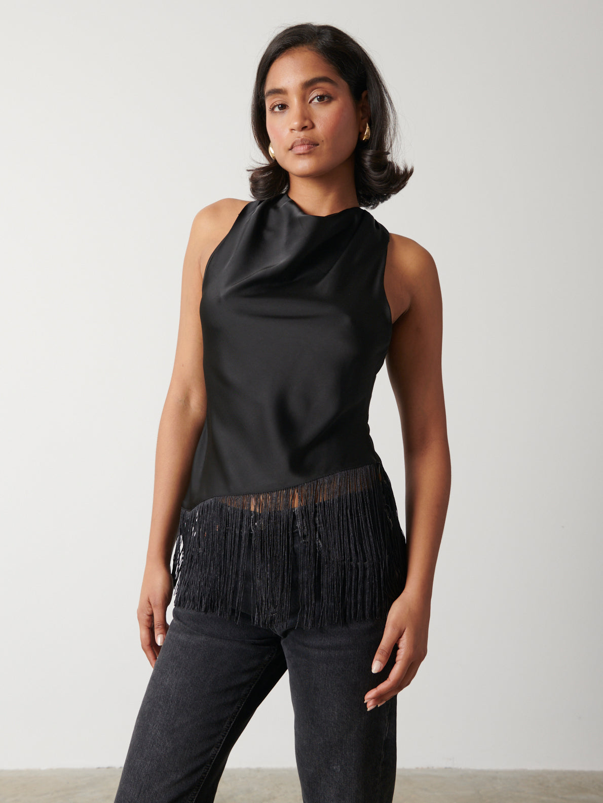 Callie Asymmetric Fringed Top - Black