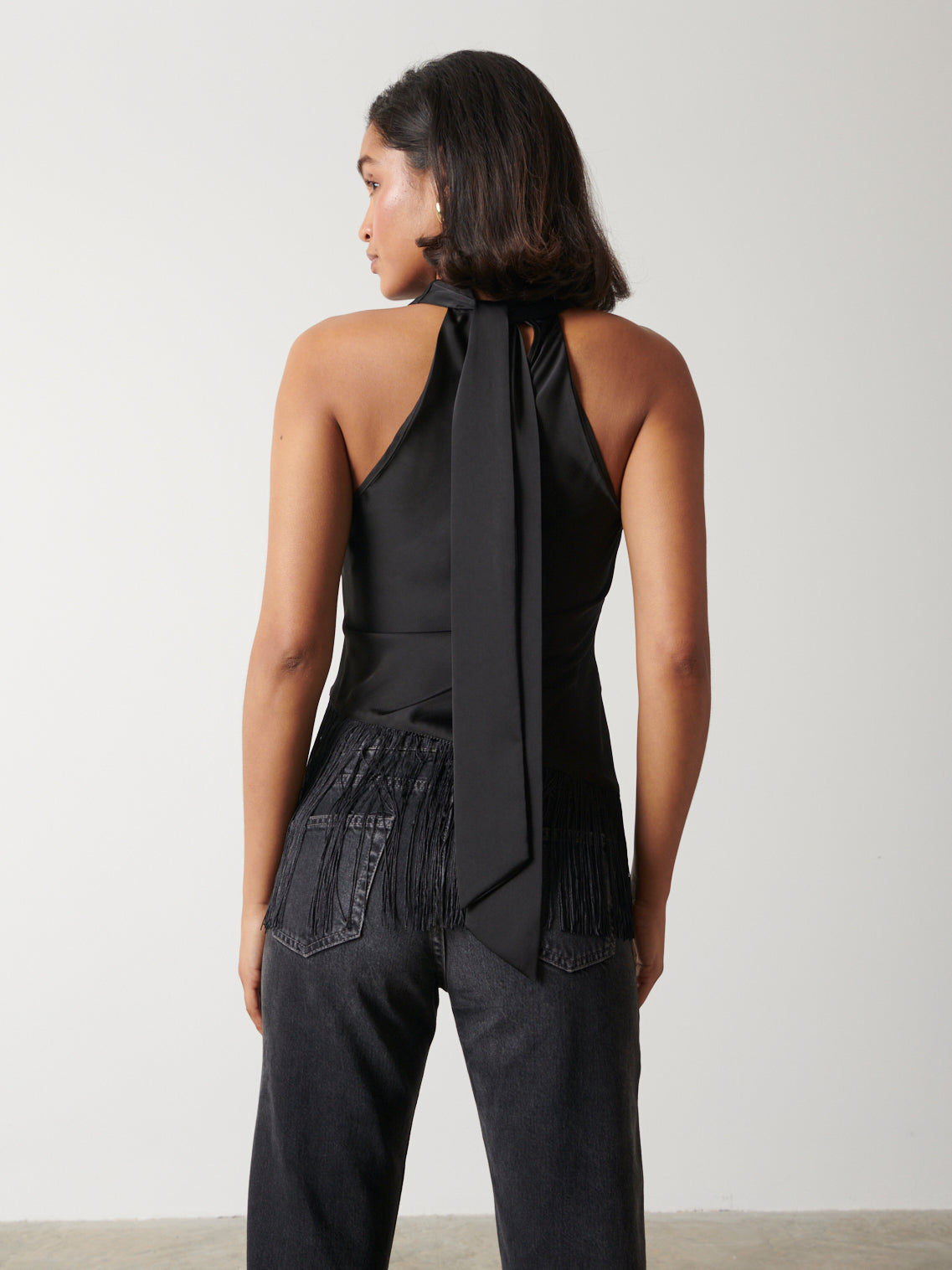 Callie Asymmetric Fringed Top - Black