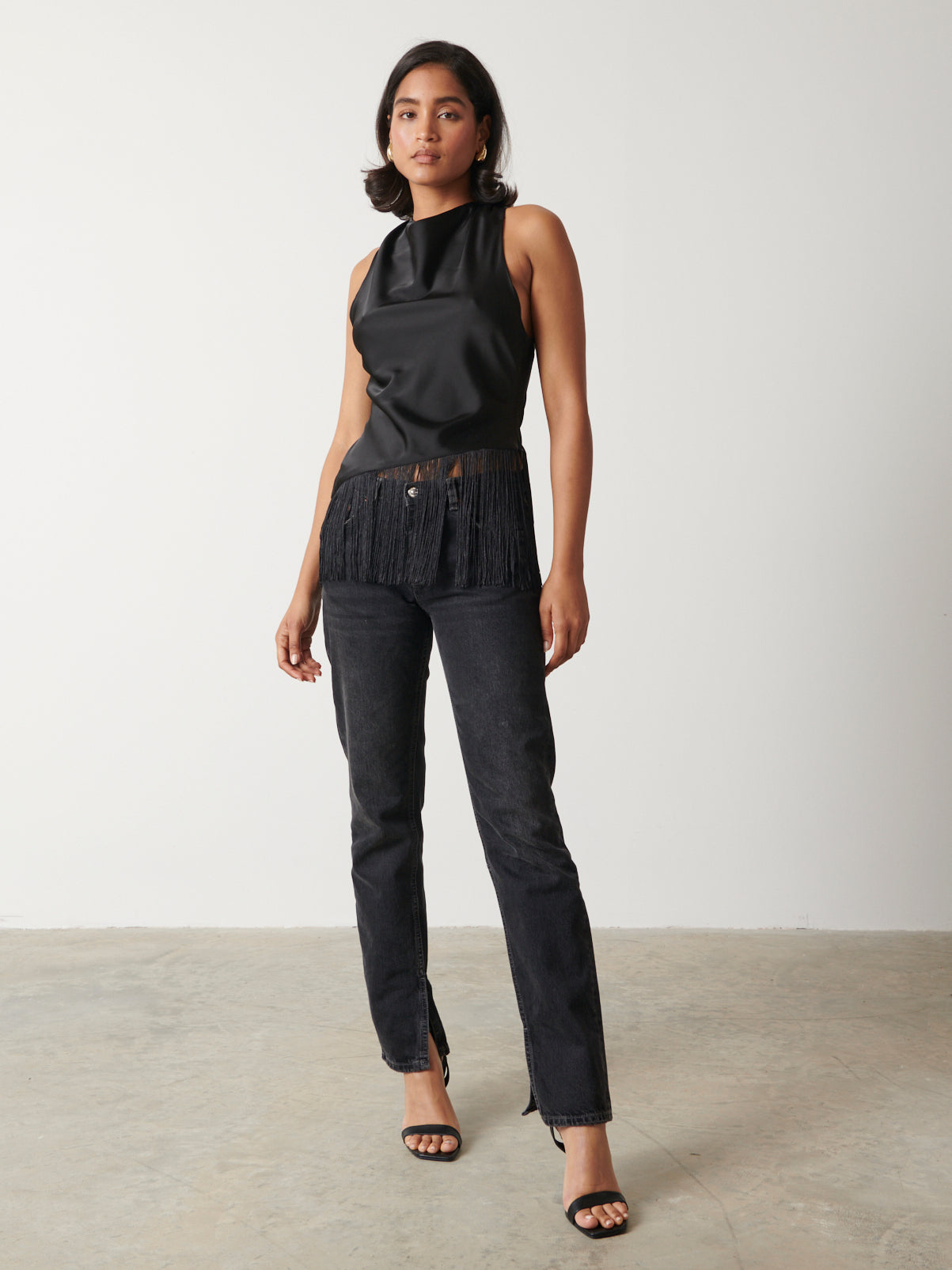 Callie Asymmetric Fringed Top - Black