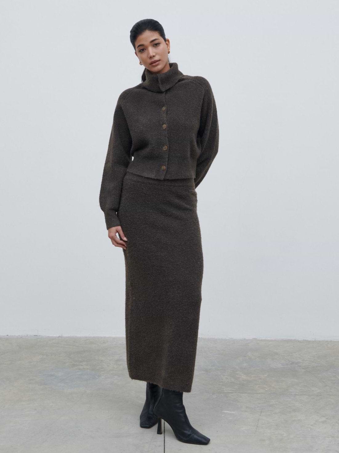 Camille High Neck Knit Cardigan - Bark
