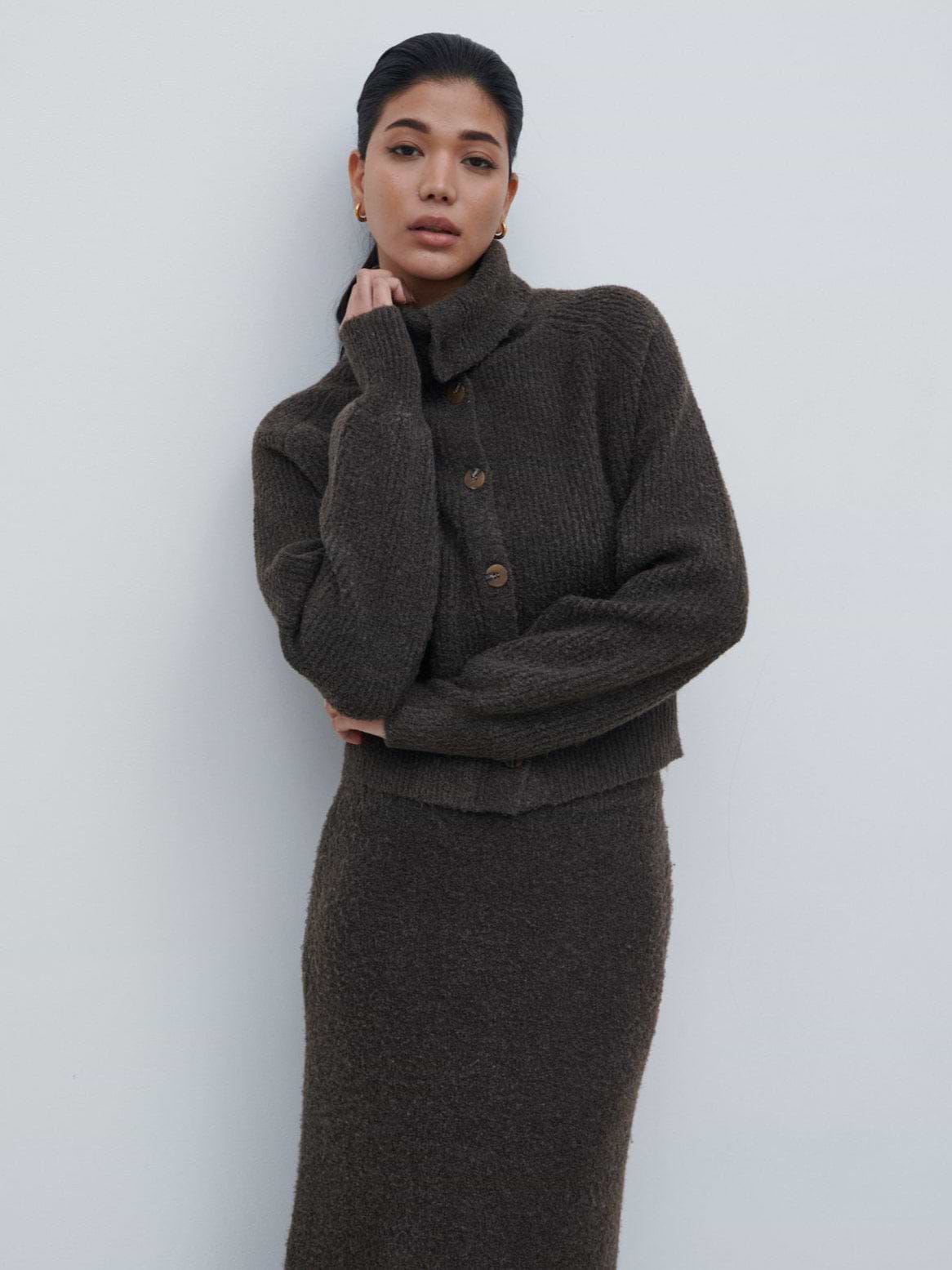 Camille High Neck Knit Cardigan - Bark