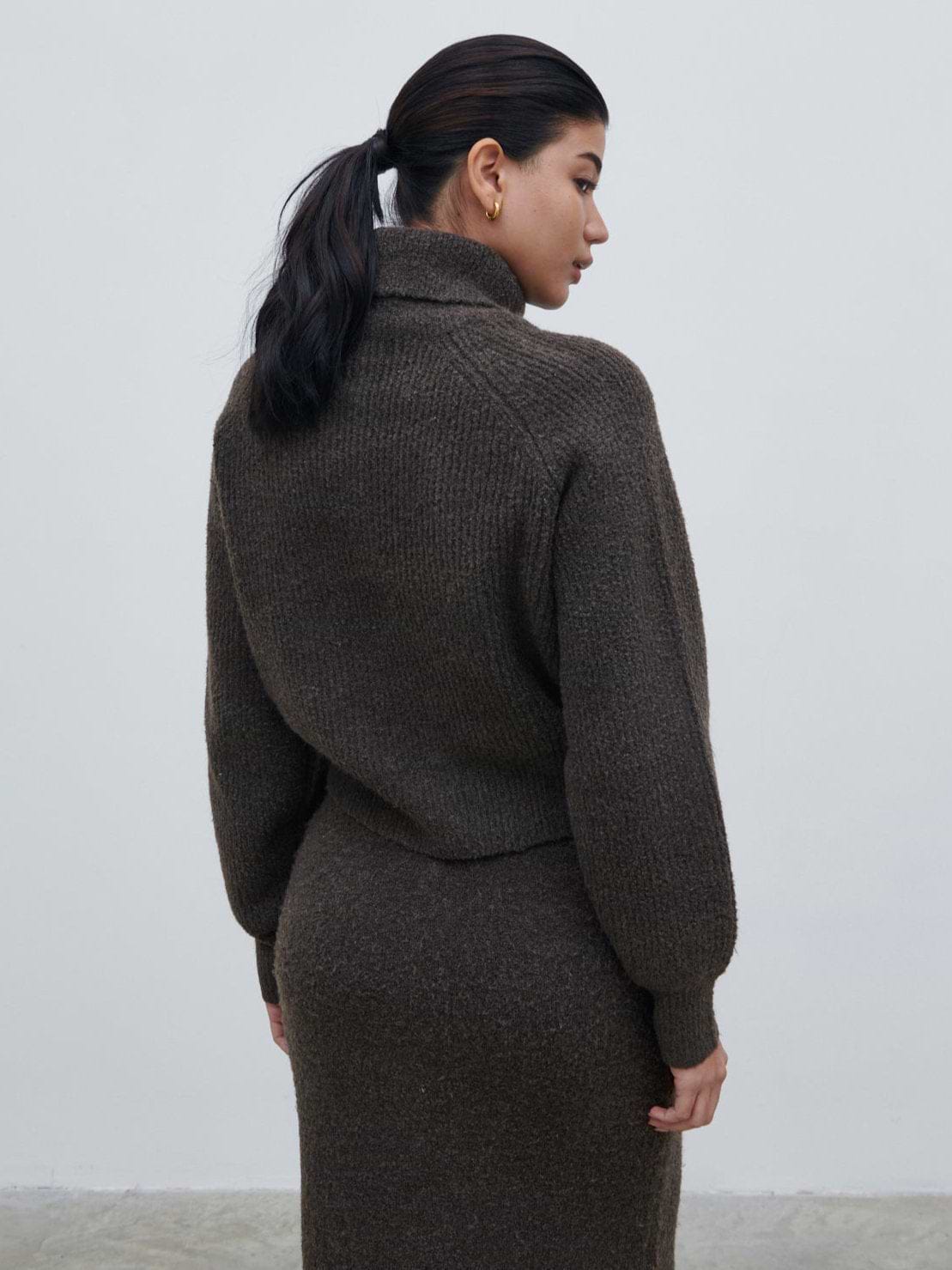 Camille High Neck Knit Cardigan - Bark