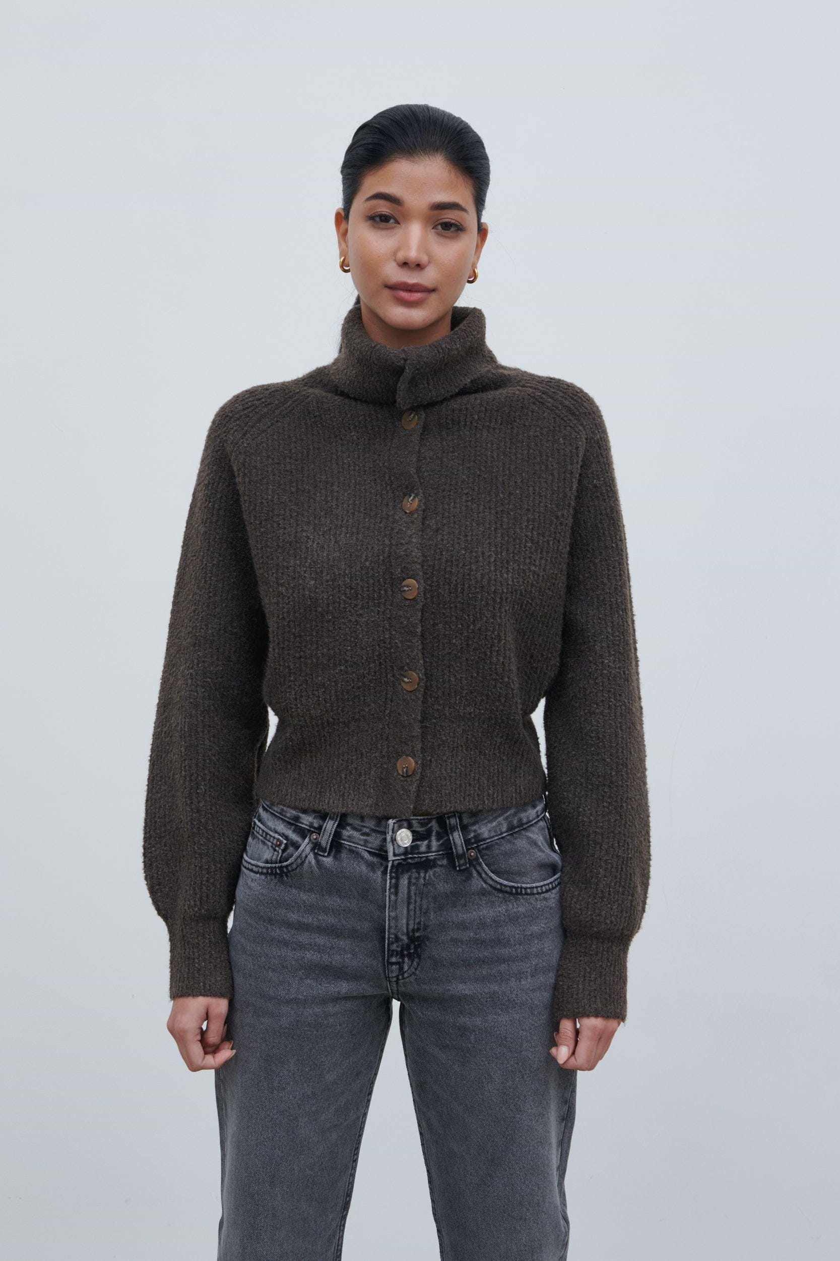 Camille High Neck Knit Cardigan - Bark