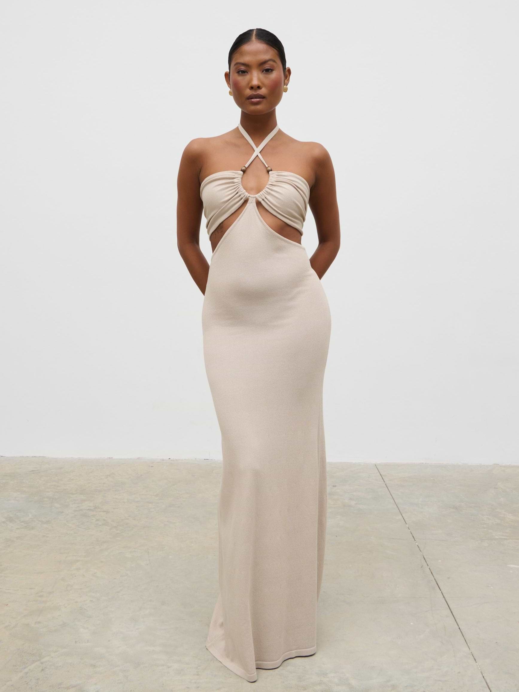Candice Halterneck Beaded Knit Maxi Dress - Stone
