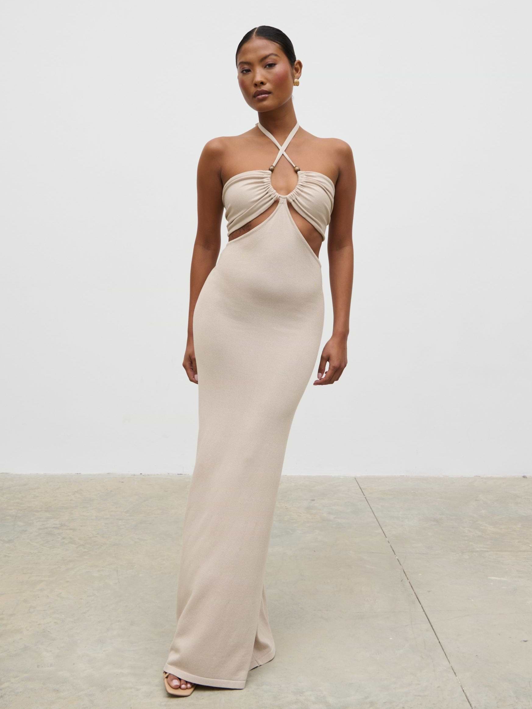 Candice Halterneck Beaded Knit Maxi Dress - Stone