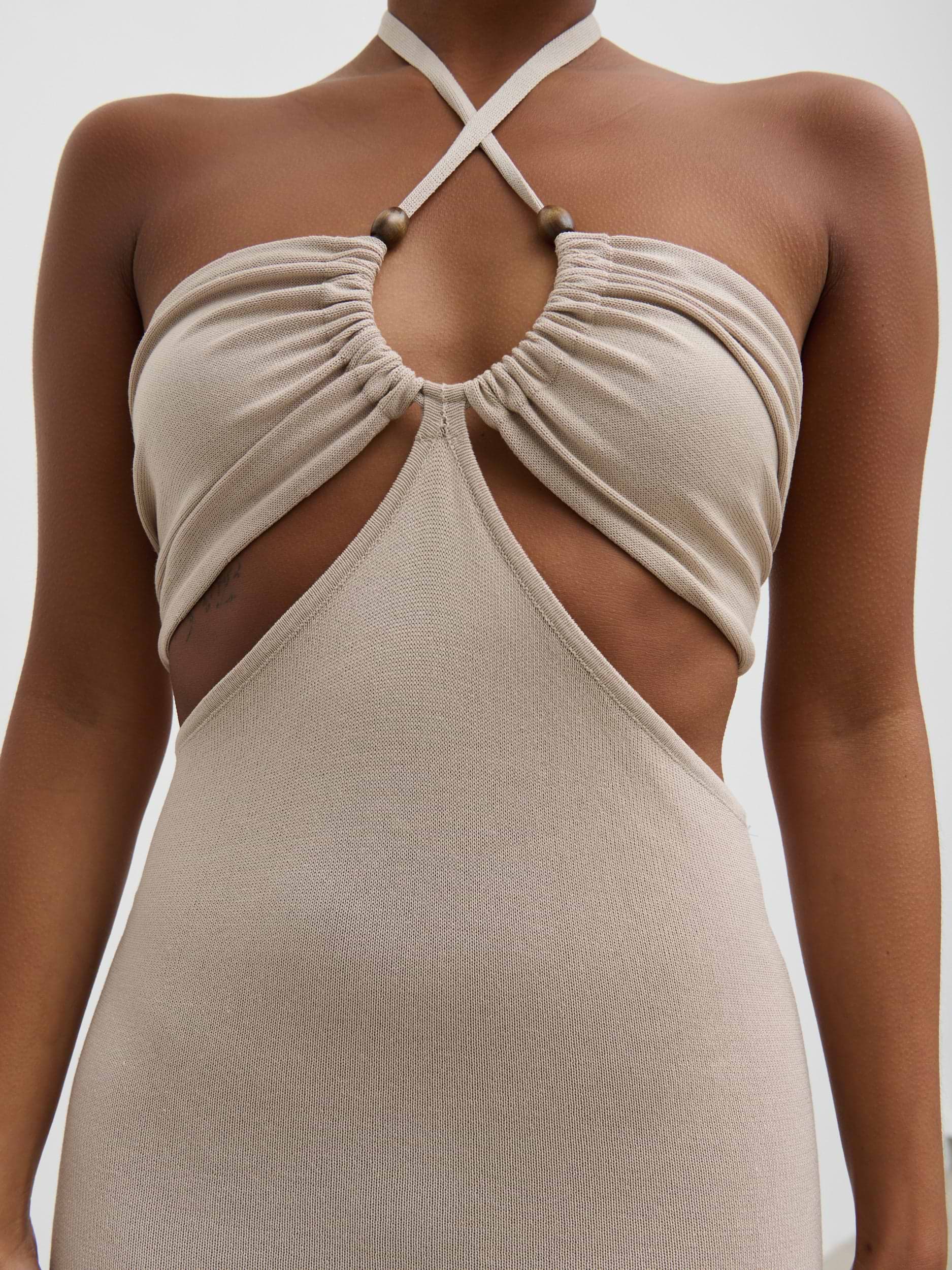 Candice Halterneck Beaded Knit Maxi Dress - Stone