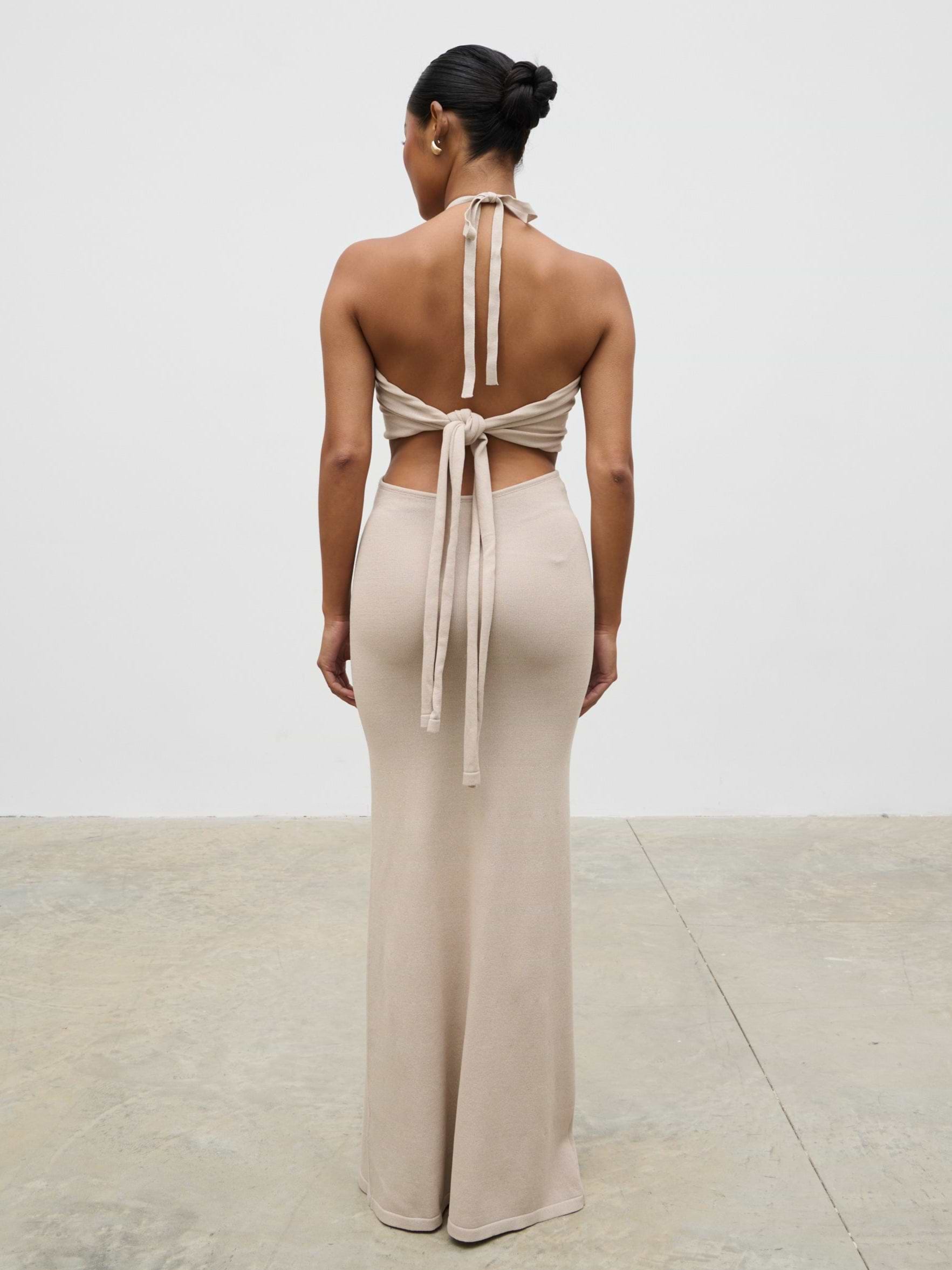 Candice Halterneck Beaded Knit Maxi Dress - Stone