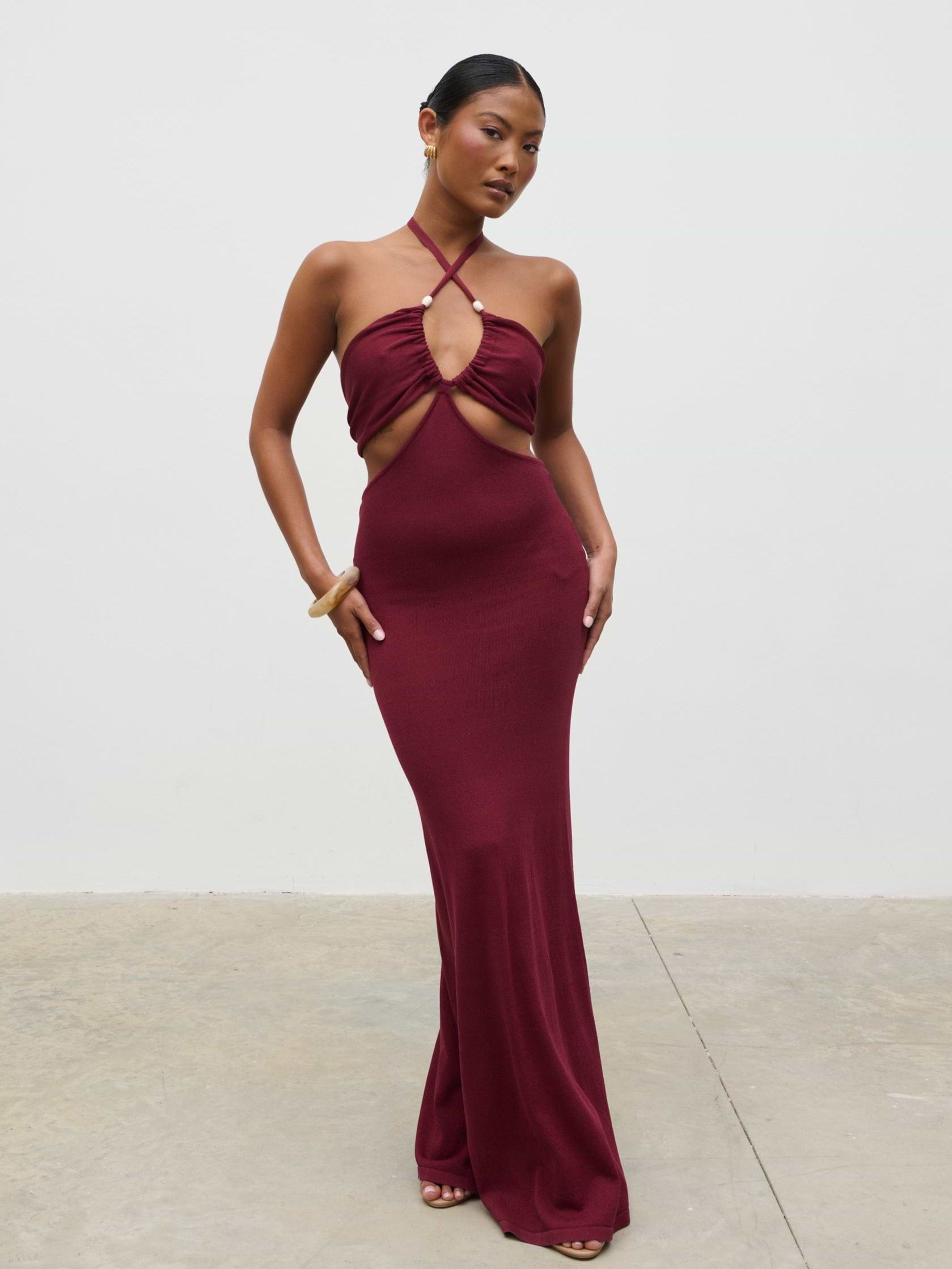 Candice Halterneck Beaded Knit Maxi Dress - Wine