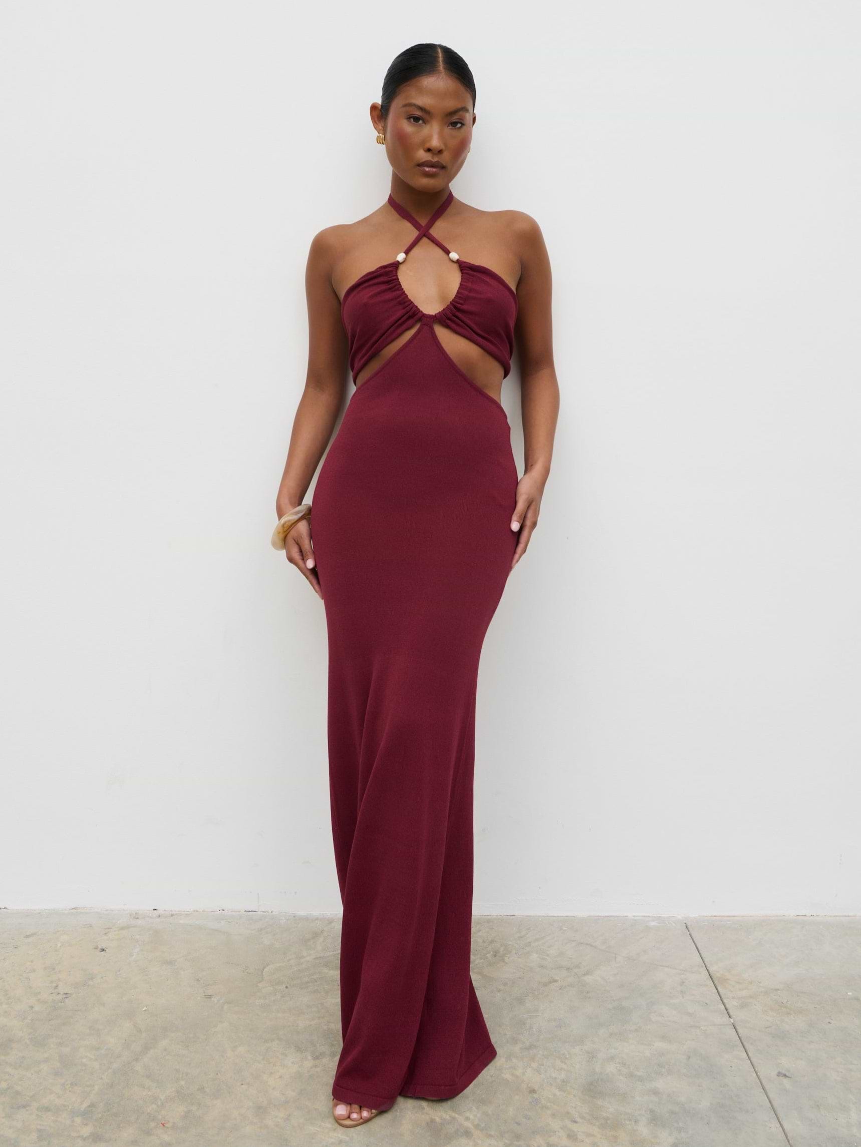 Candice Halterneck Beaded Knit Maxi Dress - Wine