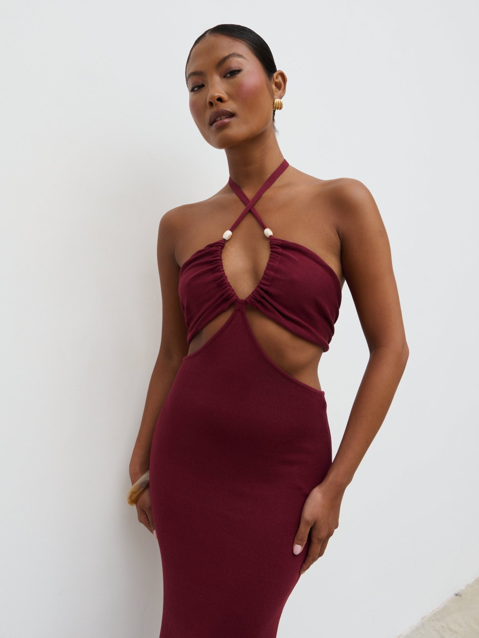 Candice Halterneck Beaded Knit Maxi Dress - Wine