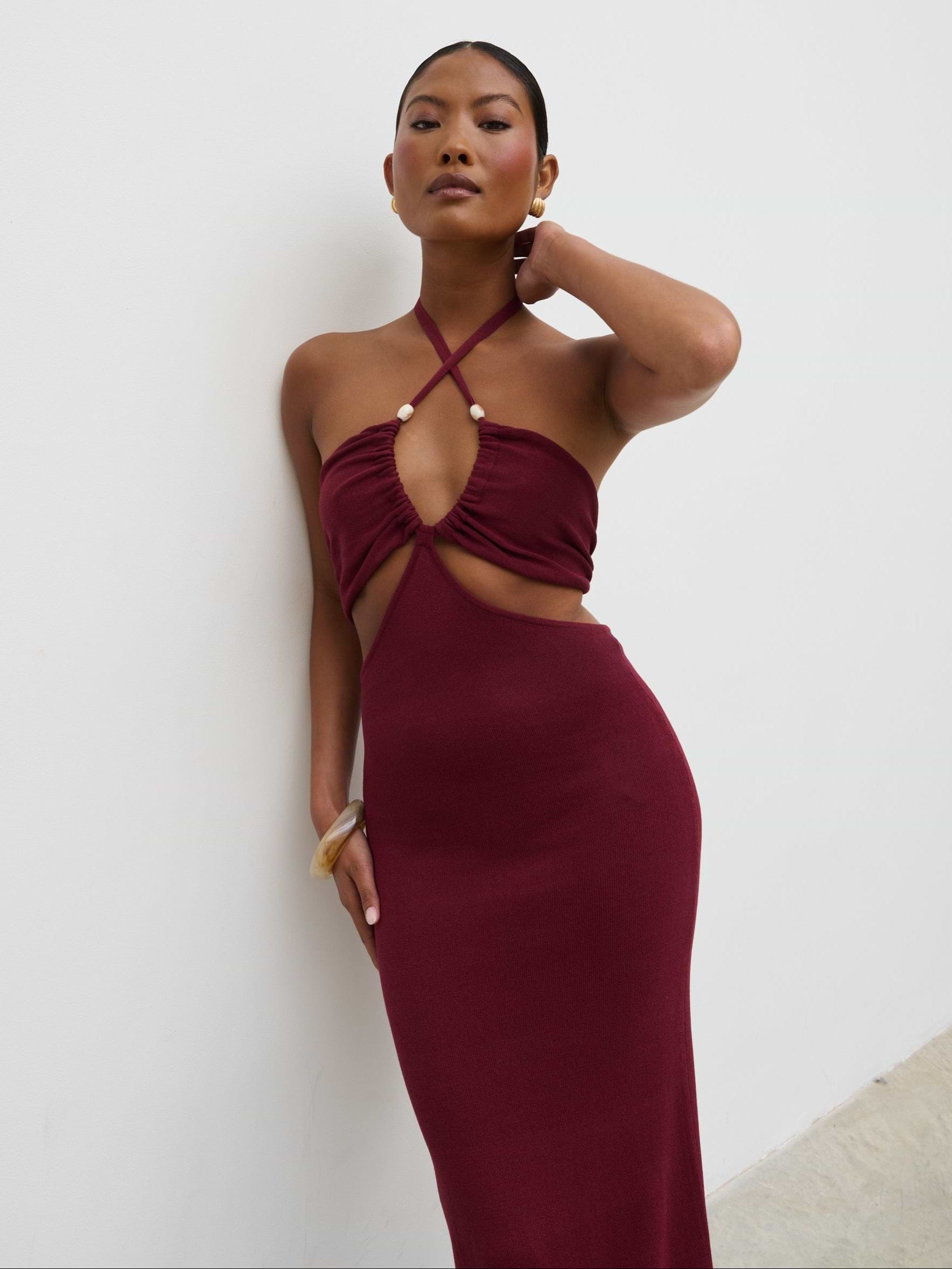 Candice Halterneck Beaded Knit Maxi Dress - Wine