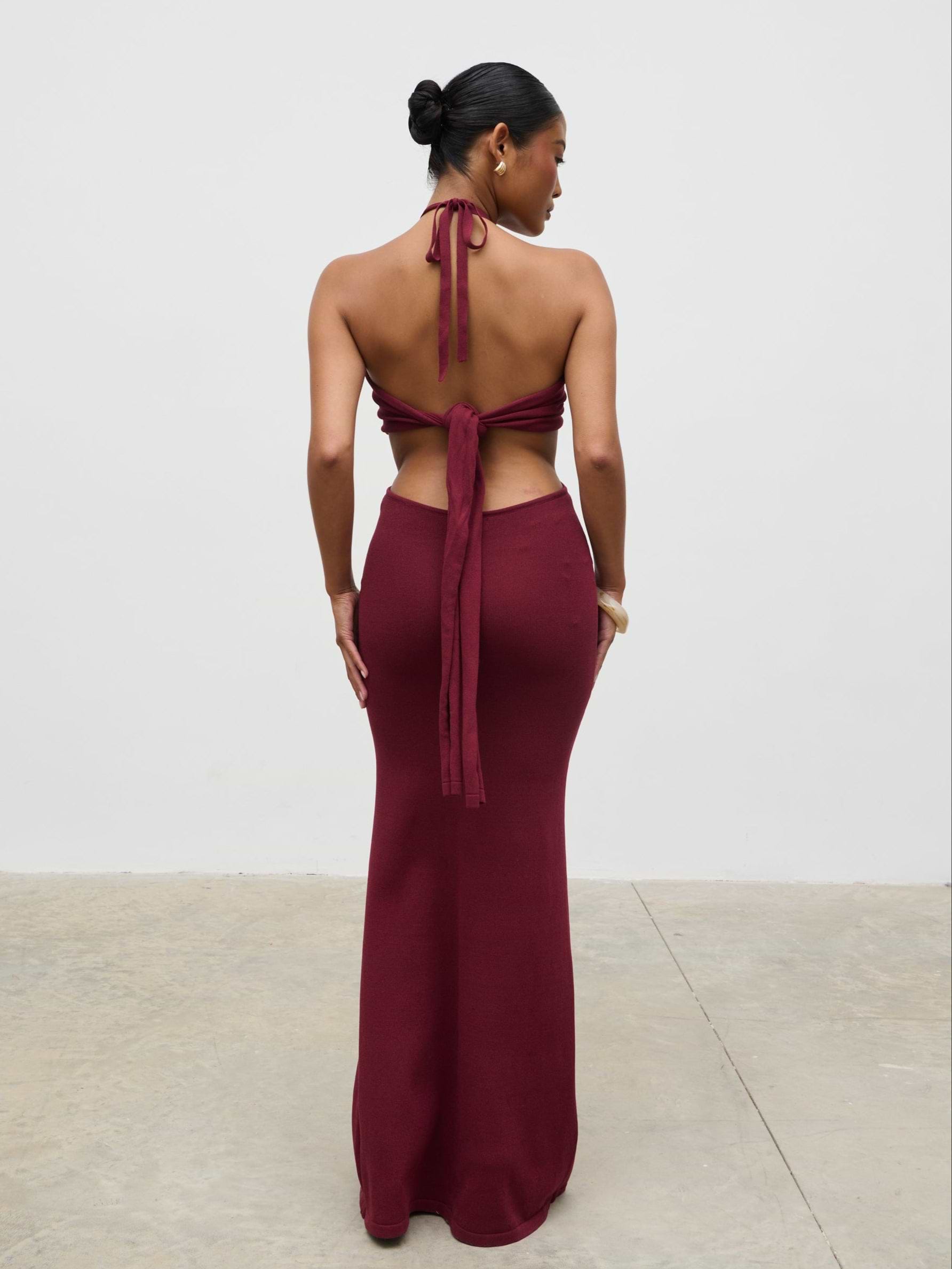 Candice Halterneck Beaded Knit Maxi Dress - Wine