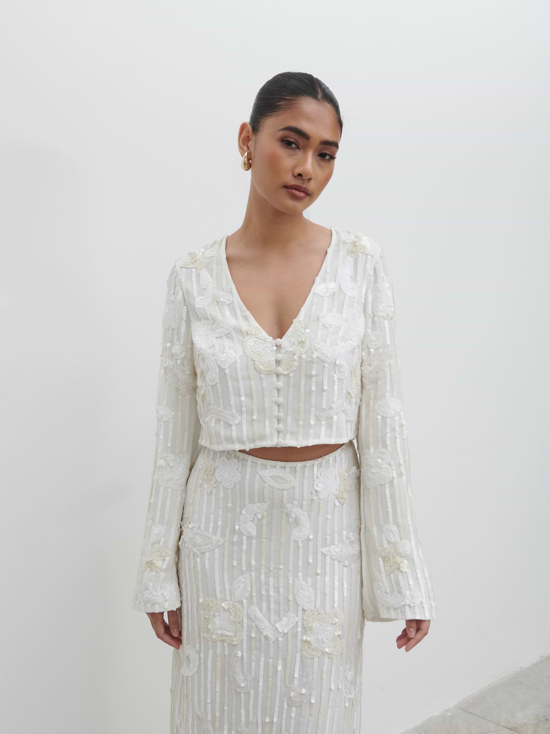 Cannes Sequin Cropped Blouse - Ivory