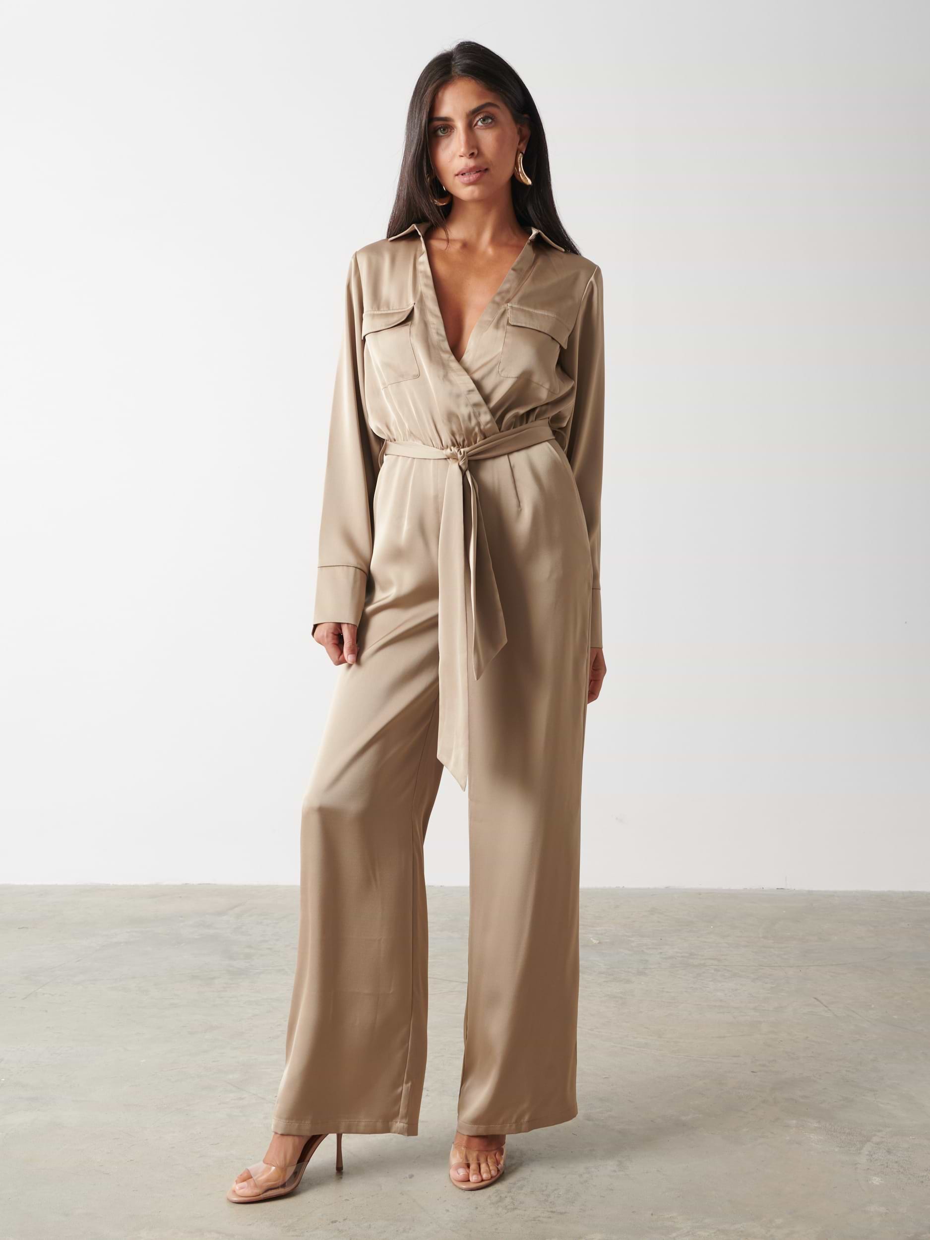 Carmen Satin Jumpsuit - Light Olive