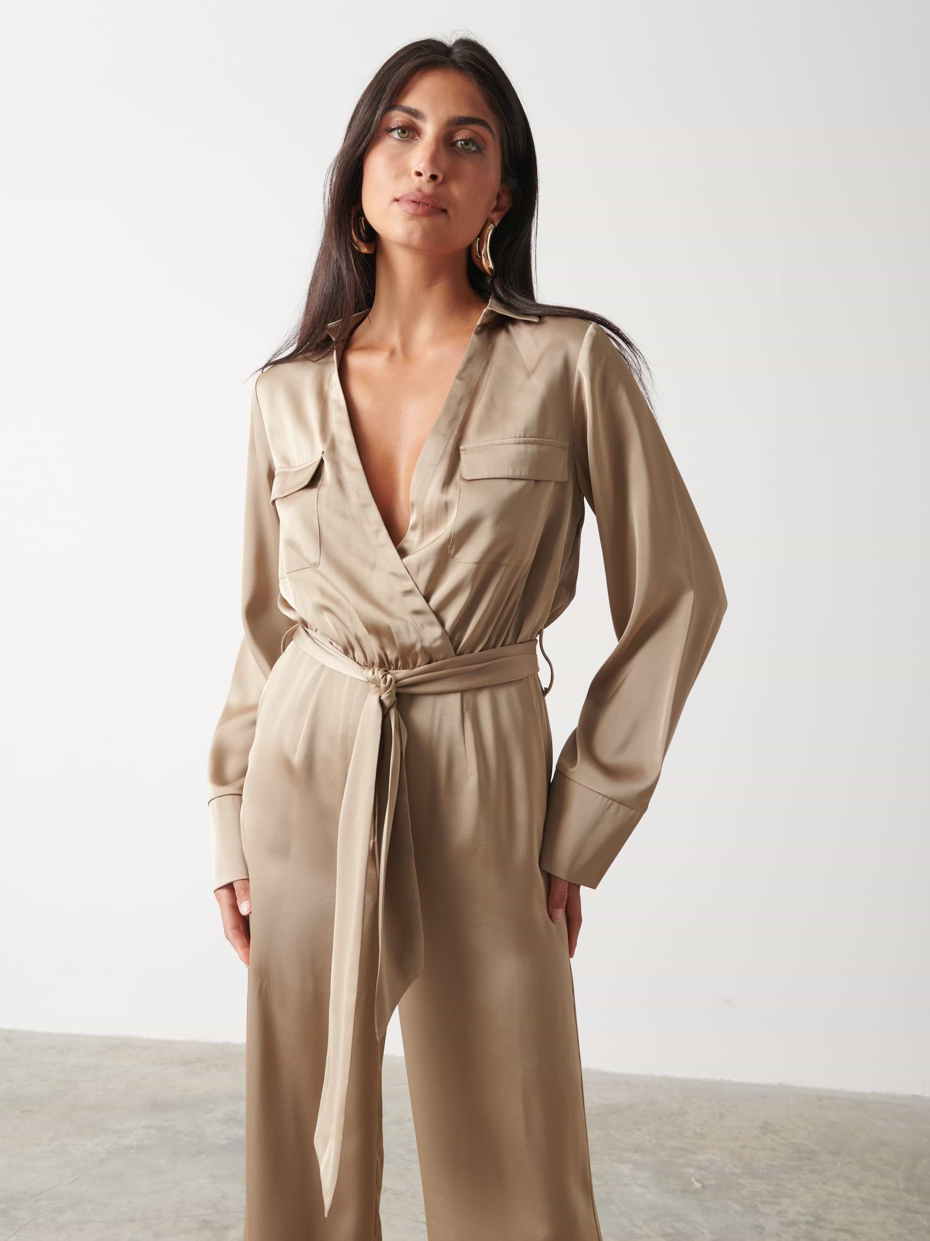 Carmen Satin Jumpsuit - Light Olive