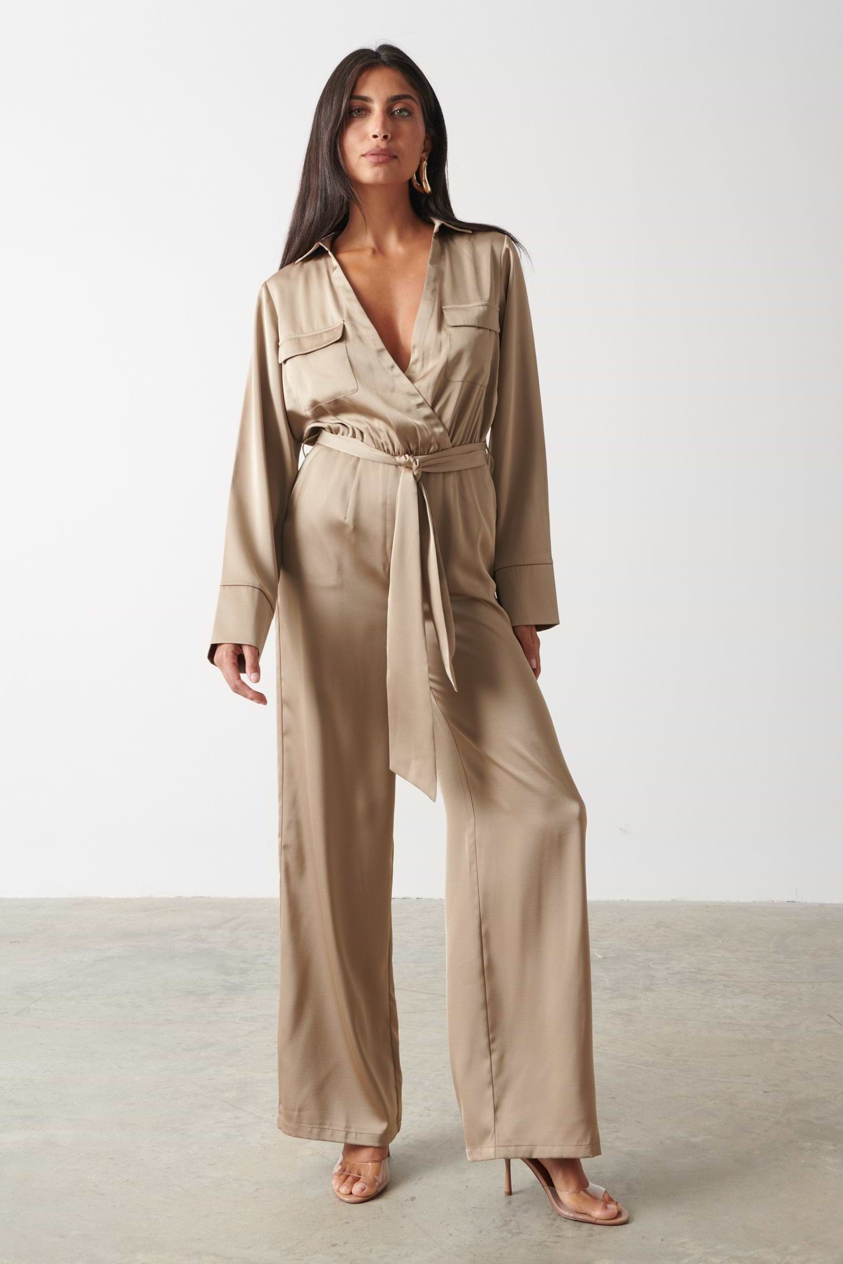 Carmen Satin Jumpsuit - Light Olive