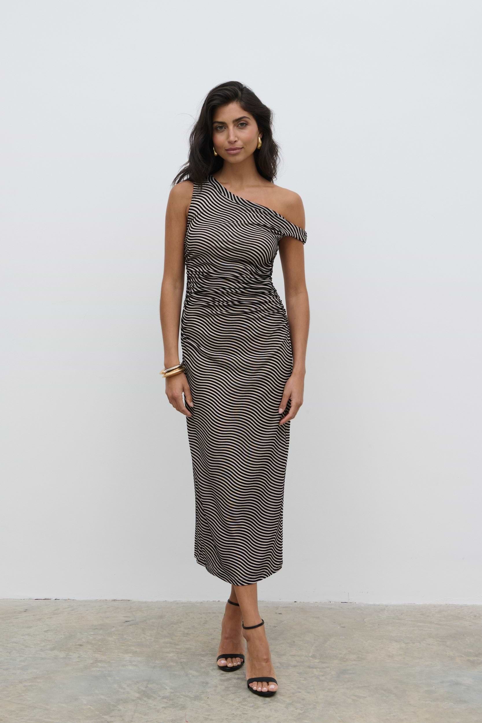 Carrie Asymmetric Knot Midaxi Dress - Black and Cream Stripe