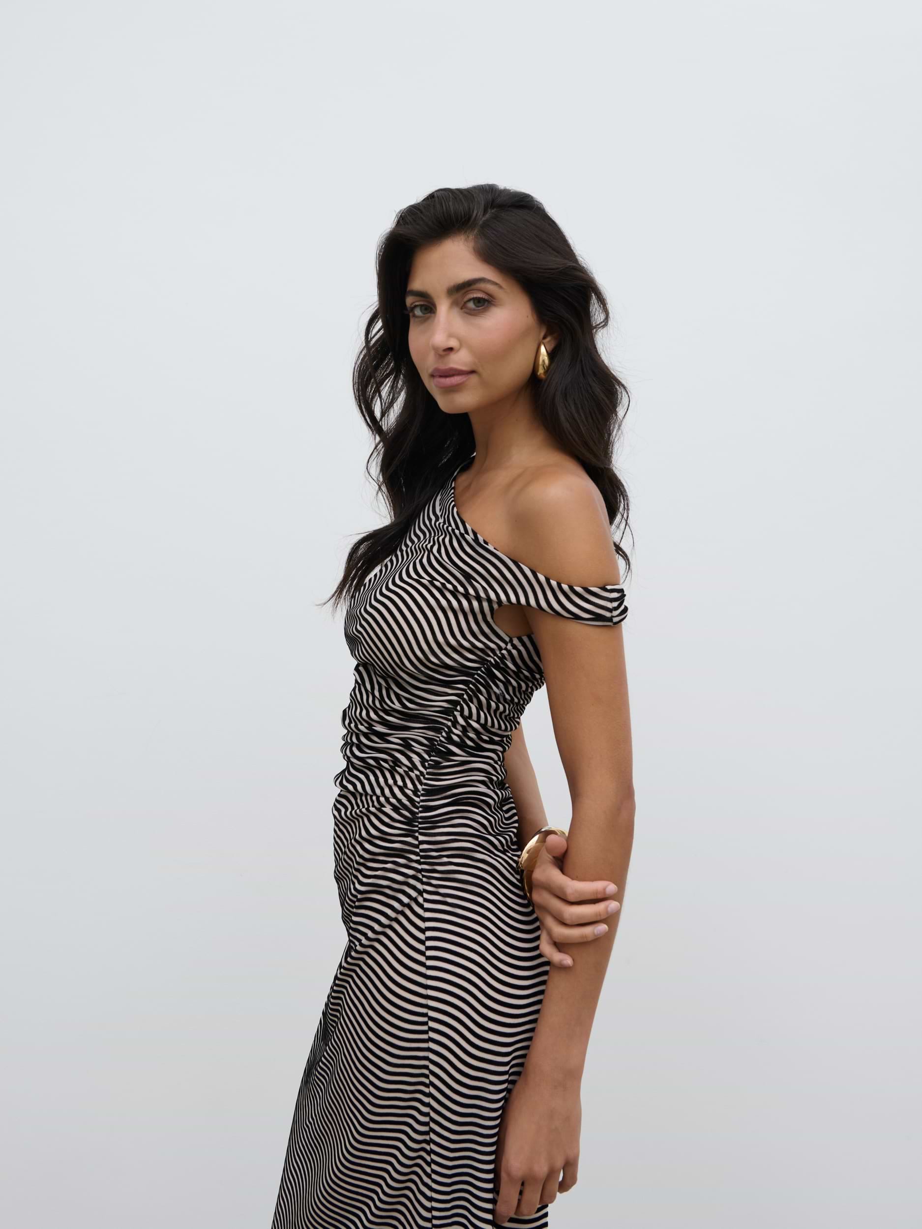 Carrie Asymmetric Knot Midaxi Dress - Black and Cream Stripe