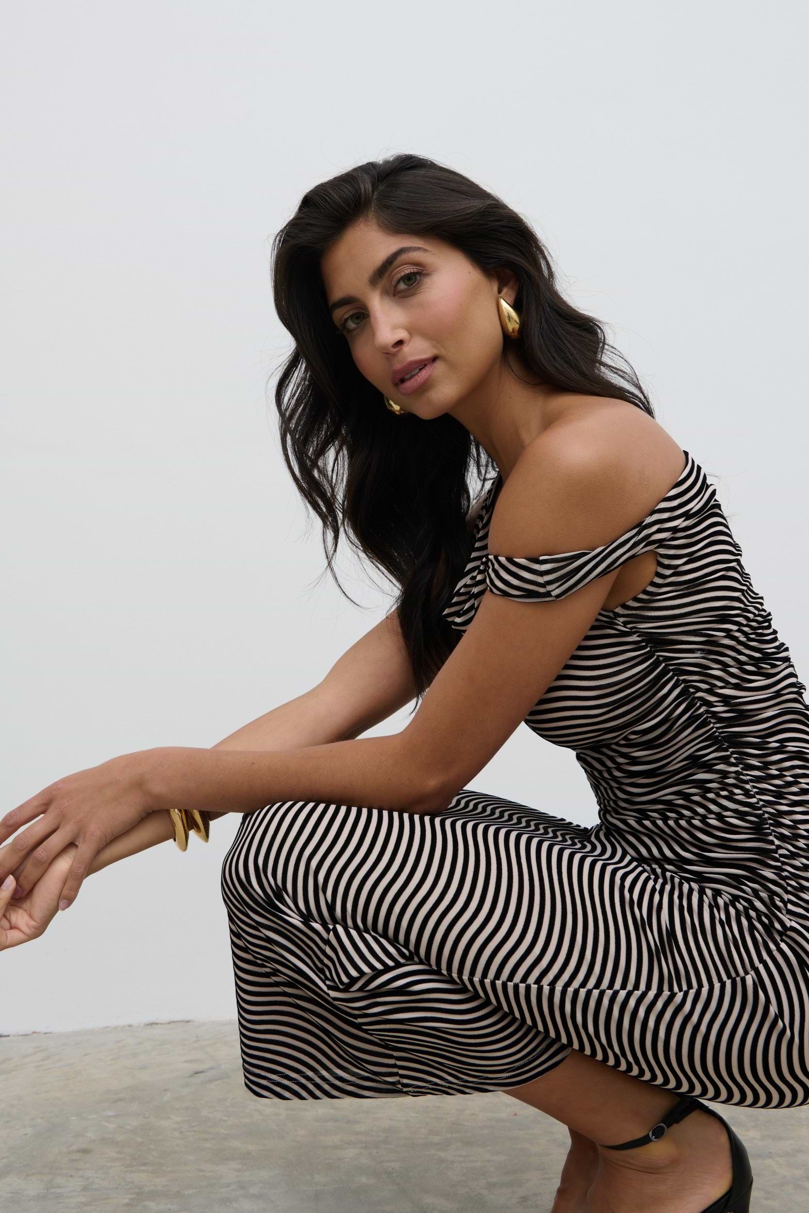 Carrie Asymmetric Knot Midaxi Dress - Black and Cream Stripe