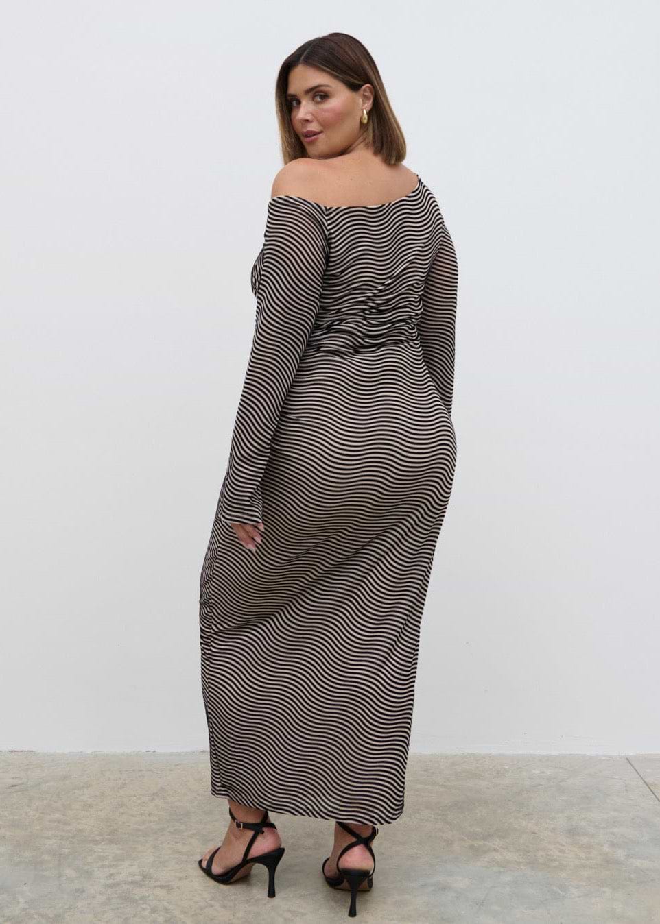 Carrie Asymmetric Knot Midaxi Dress Curve - Black and Cream Stripe