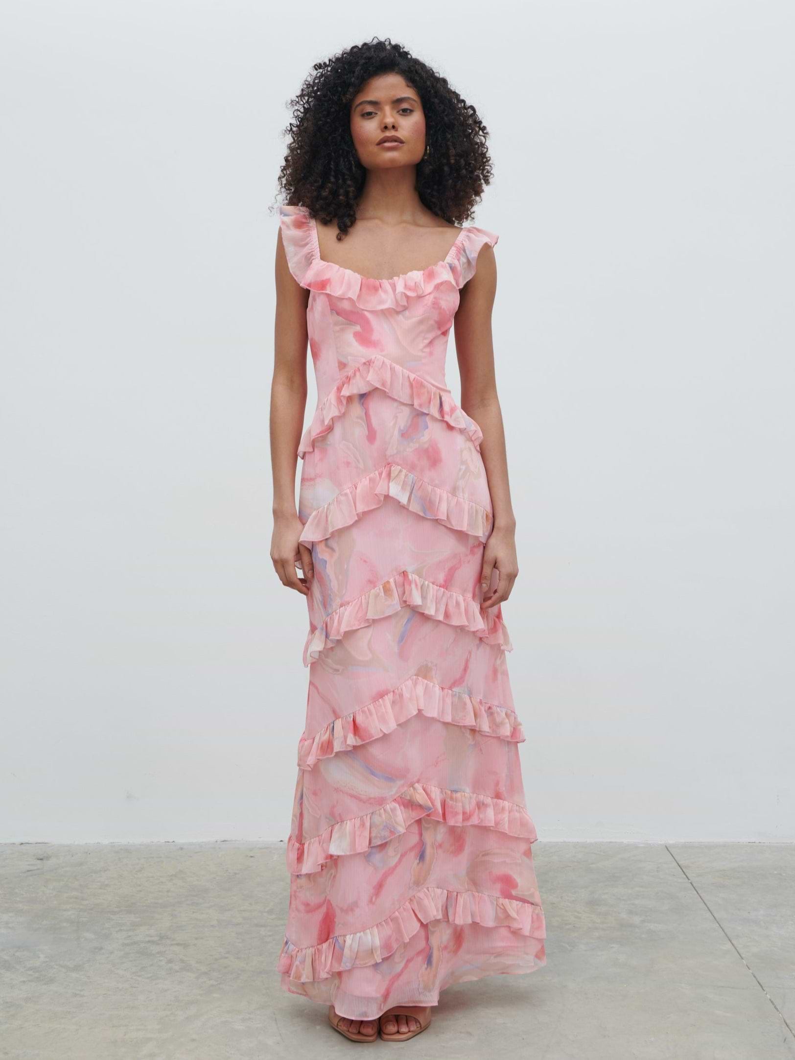Cecile Scoop Neck Ruffle Maxi Dress - Pink Marble Ombre