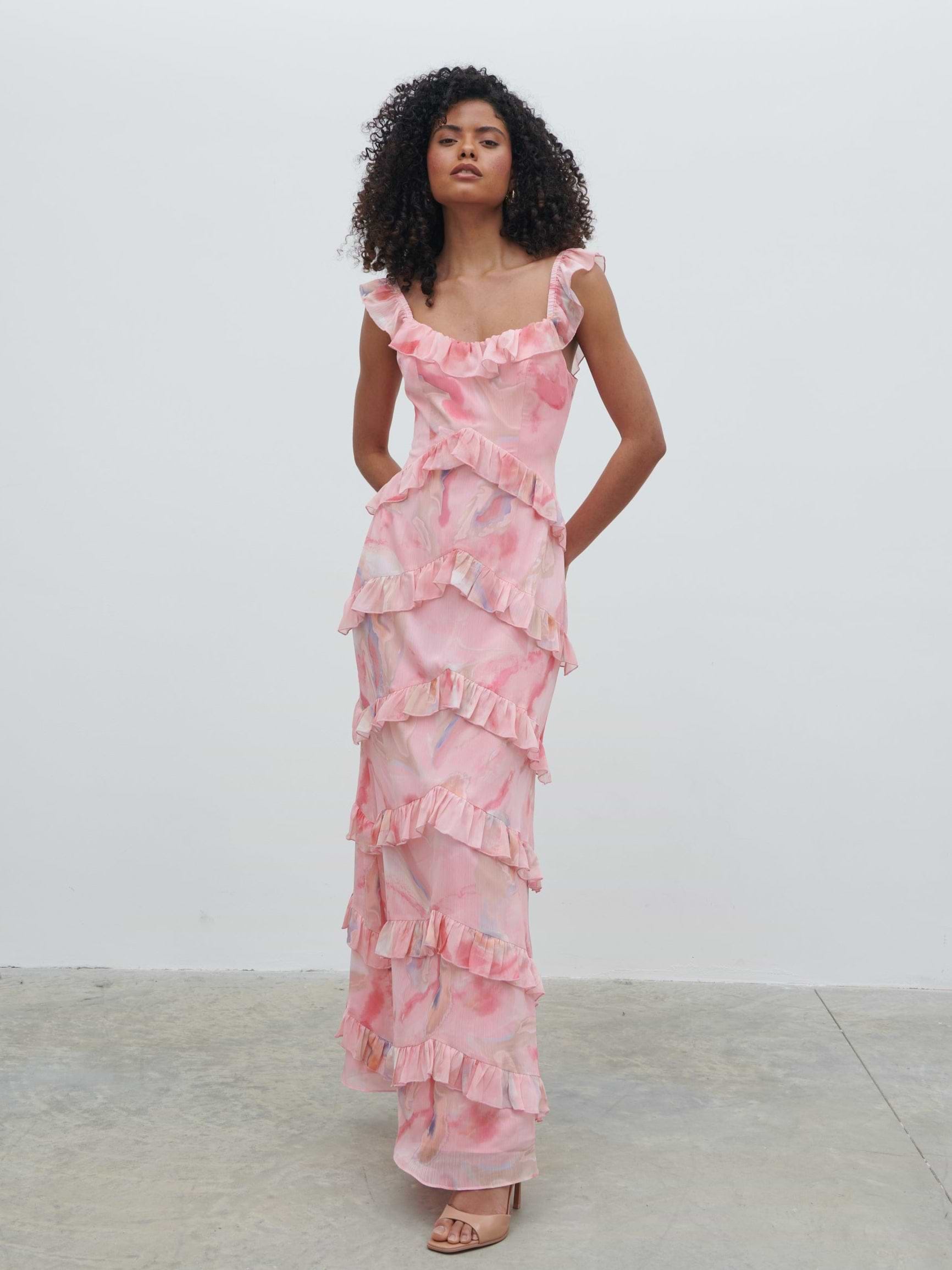 Cecile Scoop Neck Ruffle Maxi Dress - Pink Marble Ombre