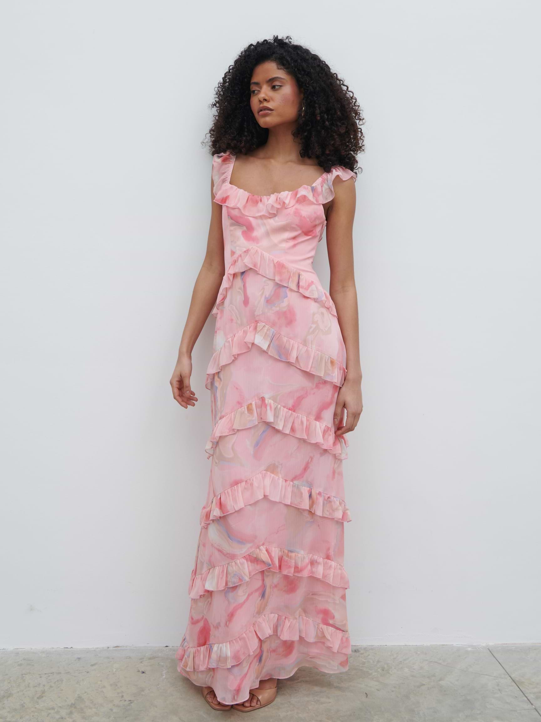Cecile Scoop Neck Ruffle Maxi Dress - Pink Marble Ombre